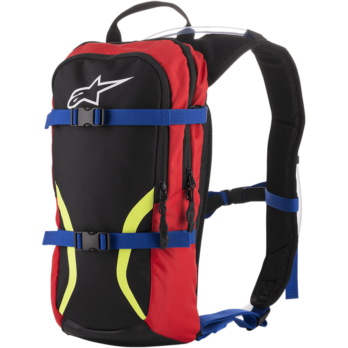 Alpinestars Iguana Hydration Backpack, zaino per motocross e fuoristrada, nero e rosso con cinghie blu e grafiche giallo fluo, logo Astars bianco, doppio scomparto con zip, spallacci imbottiti con tubo di idratazione visibile