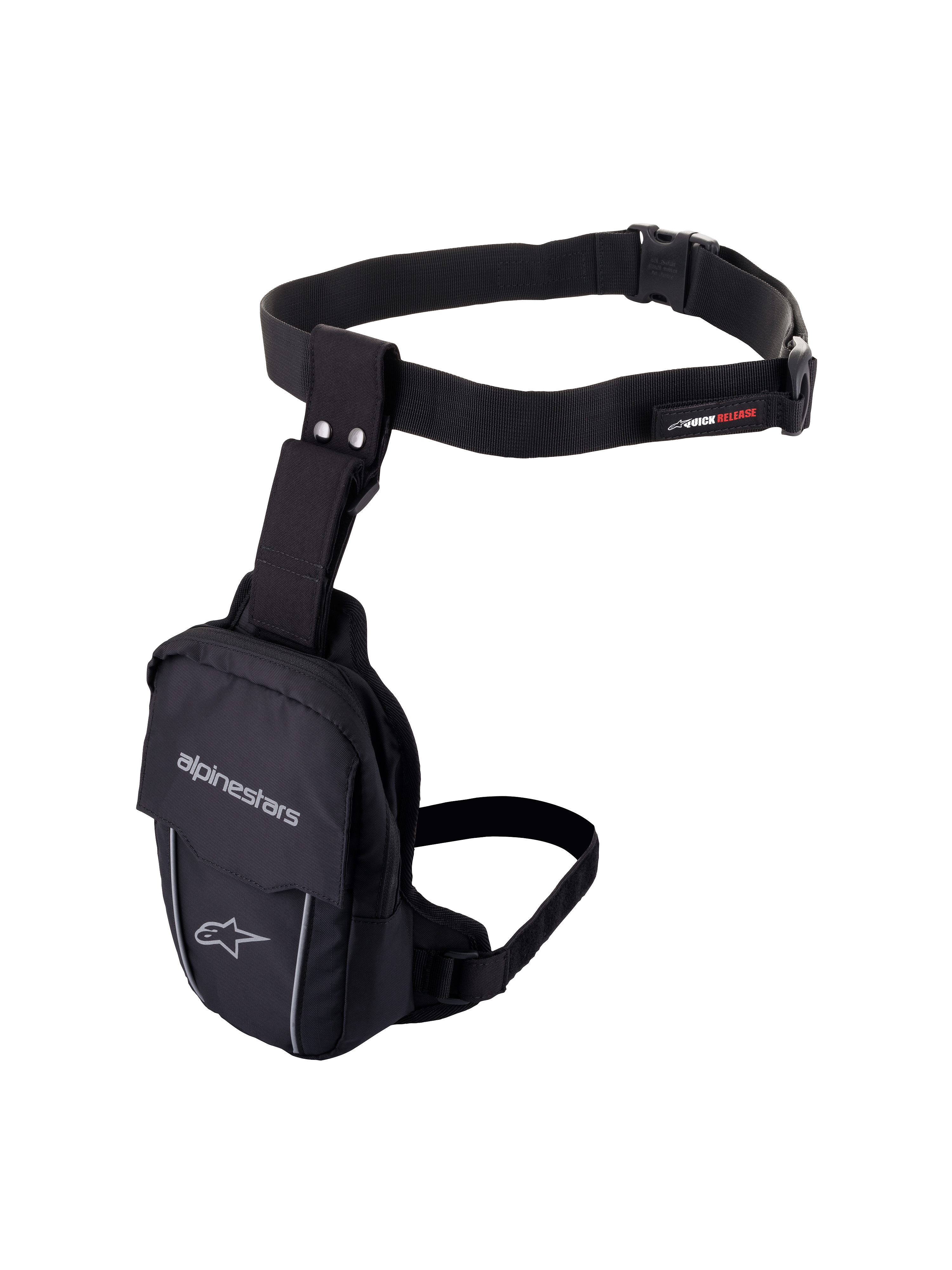 Alpinestars Access Thigh Bag, borsello da gamba da moto nero, struttura in tessuto resistente con cintura in vita e cinturino sulla coscia regolabili, caratterizzato dal marchio Alpinestars, profili riflettenti e fibbia a sgancio rapido, design ergonomico per riporre piccoli oggetti essenziali in moto.