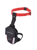 Alpinestars Access Thigh Bag, marsupio da gamba per moto, nero, rosso e bianco, con cintura regolabile rossa e fibbia a sgancio rapido, cinghia nera da coscia, marchio Alpinestars sulla patta frontale e pannelli bianchi riflettenti con dettagli rossi per la visibilità.