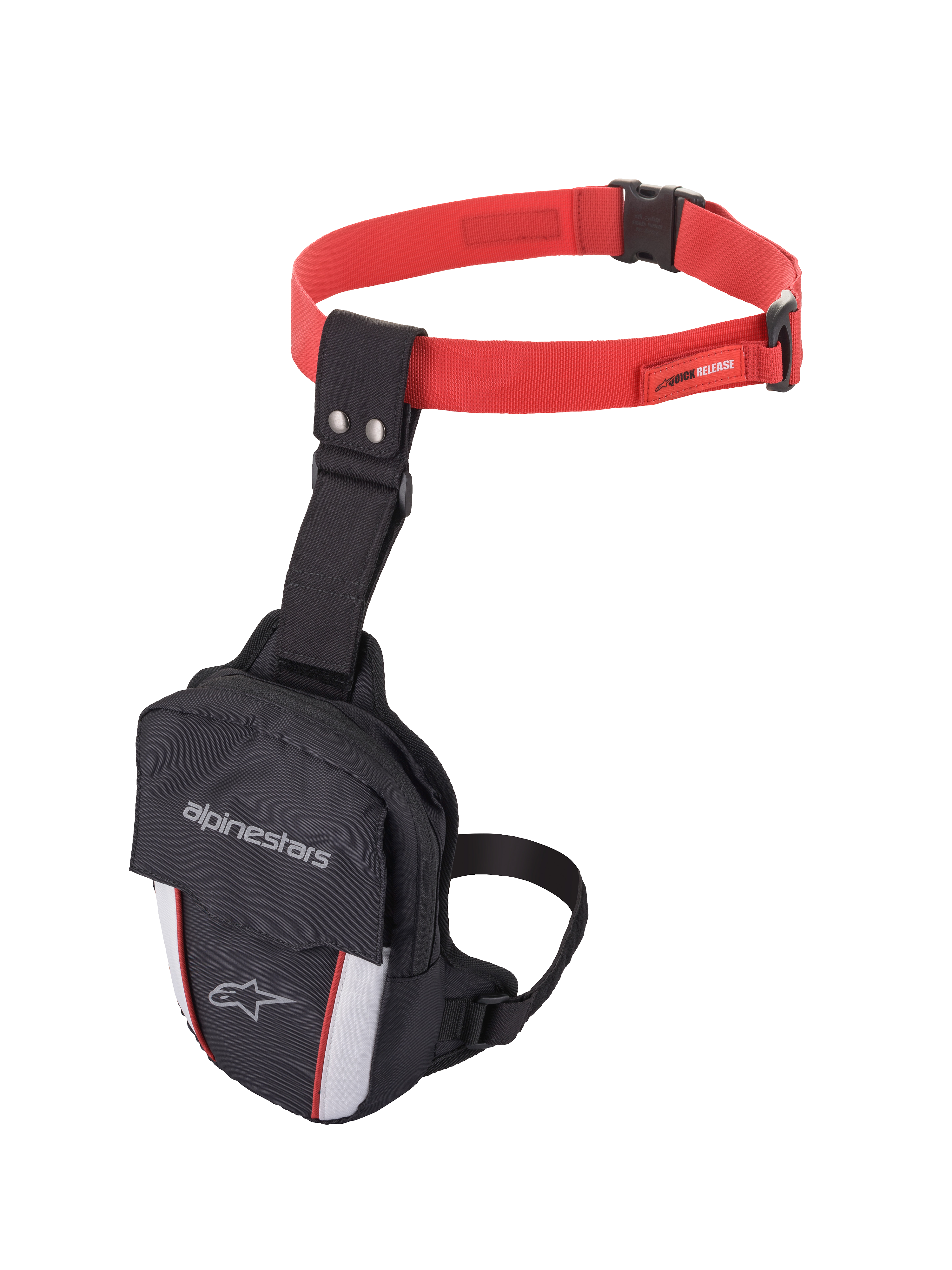Alpinestars Access Thigh Bag, marsupio da gamba per moto, nero, rosso e bianco, con cintura regolabile rossa e fibbia a sgancio rapido, cinghia nera da coscia, marchio Alpinestars sulla patta frontale e pannelli bianchi riflettenti con dettagli rossi per la visibilità.