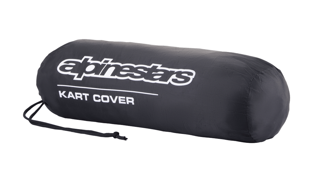 Sacca portaoggetti per telo copri kart Alpinestars, nera, con logo Alpinestars bianco e scritta 'KART COVER', forma cilindrica con chiusura a cordoncino, design compatto e portatile per attrezzatura da motorsport