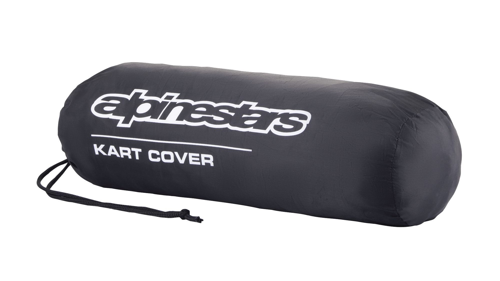Sacca portaoggetti per telo copri kart Alpinestars, nera, con logo Alpinestars bianco e scritta 'KART COVER', forma cilindrica con chiusura a cordoncino, design compatto e portatile per attrezzatura da motorsport