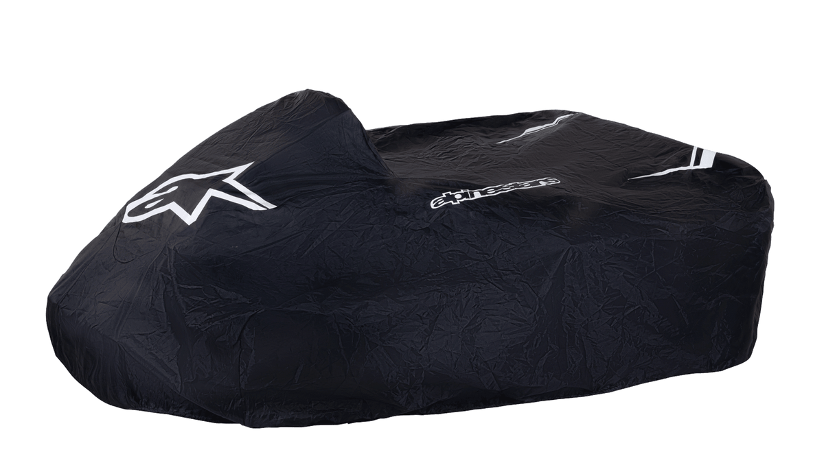 Alpinestars Kart Cover, telo copri-kart nero con logo stella bianca e strisce bianche, tessuto leggero resistente alle intemperie con coulisse di fissaggio