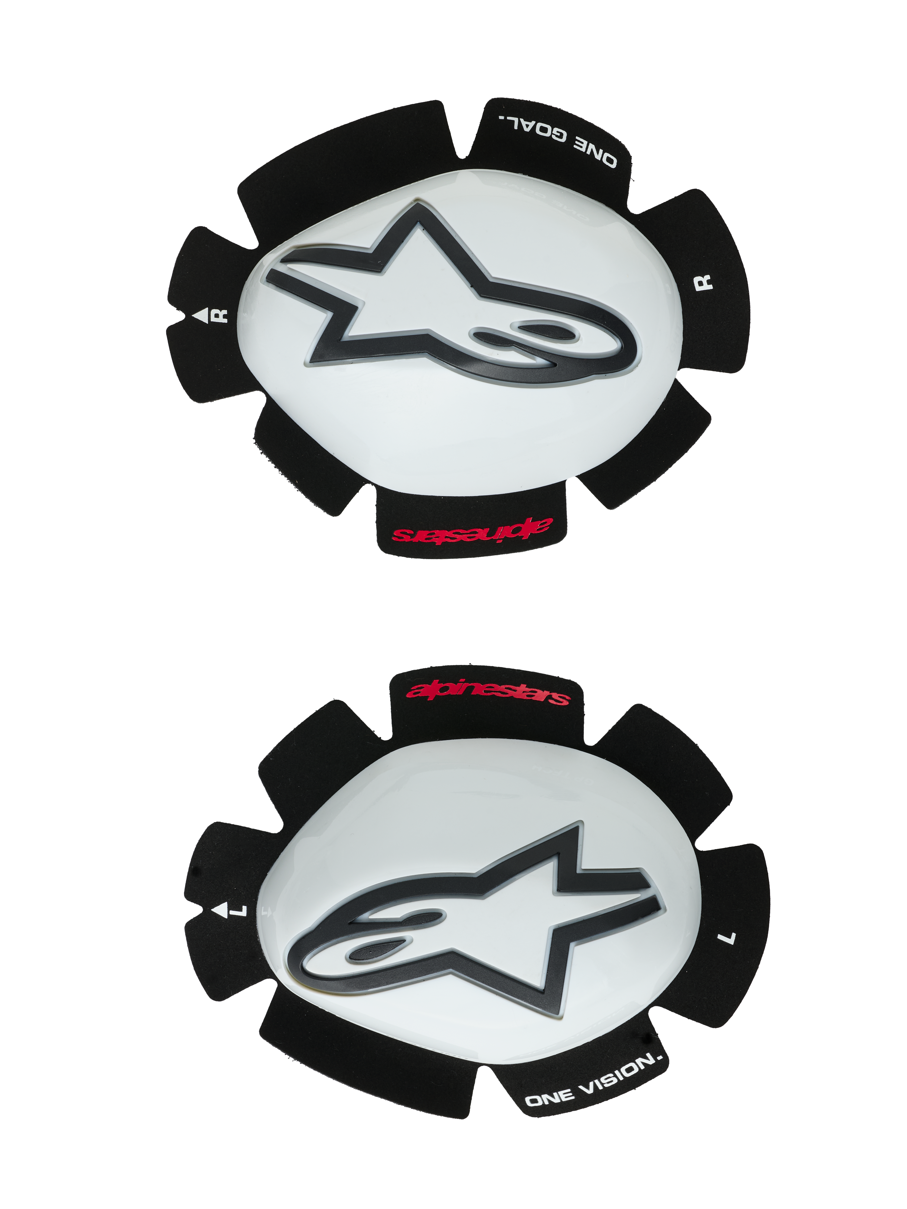 Alpinestars GP Tech Knee Sliders, protezioni per ginocchia da moto, bianco e nero, set di cursori sinistro e destro con guscio in plastica bianca e loghi Astar neri, supporto a strappo con scritta 'ONE GOAL ONE VISION', equipaggiamento racing ad alte prestazioni