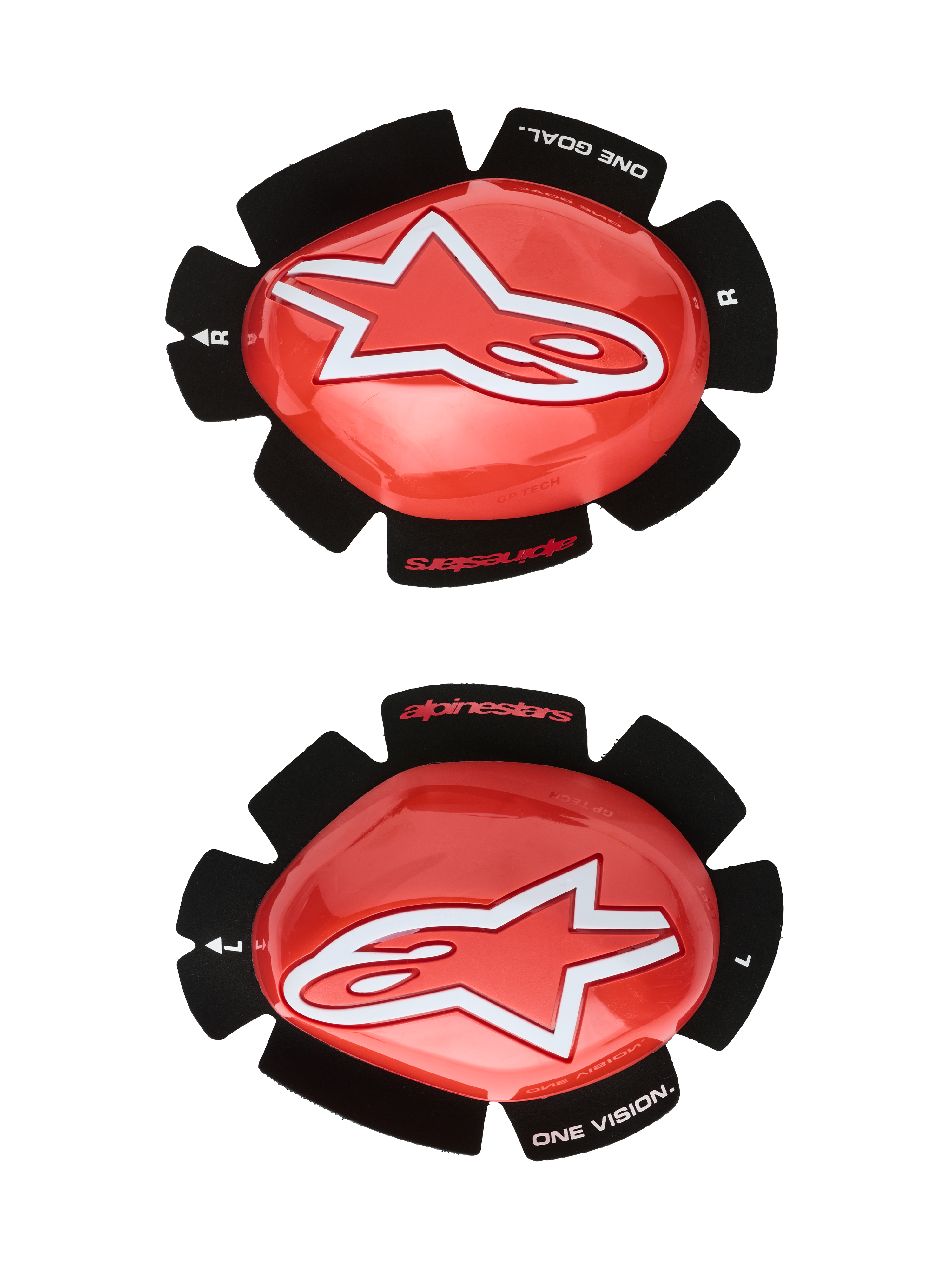 Alpinestars GP Tech Knee Sliders, rosso e bianco, protezioni ginocchio da moto racing, grande logo a stella bianco su plastica rossa lucida, scritta 'ONE GOAL. ONE VISION.' su supporto in velcro nero a forma di petalo, coppia destra e sinistra per uso in pista