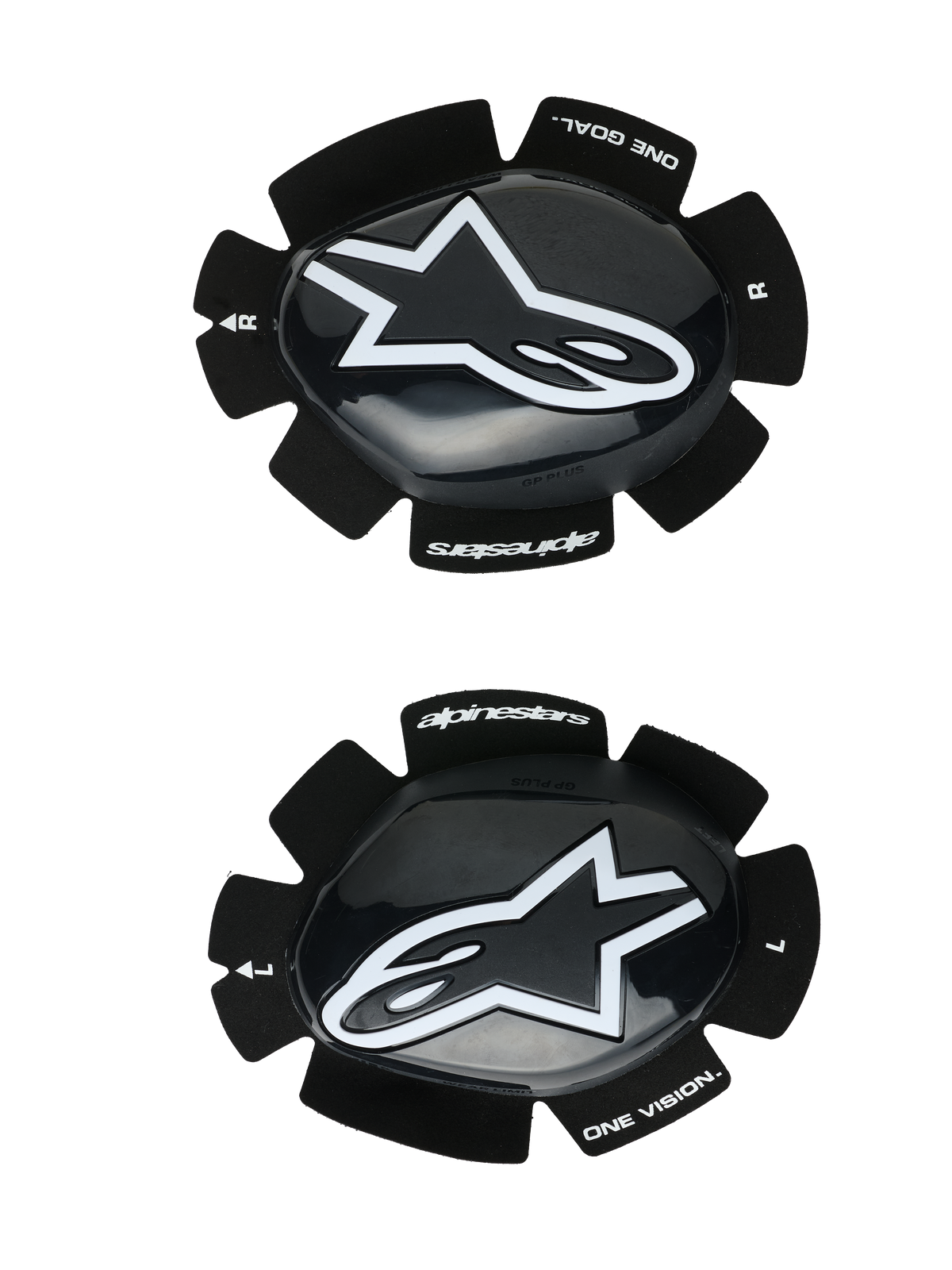 Alpinestars GP Plus Knee Sliders, saponette da moto racing, nero e bianco, finitura lucida con logo a stella bianco, sistema di fissaggio in velcro, con branding "One Goal One Vision", set destro e sinistro