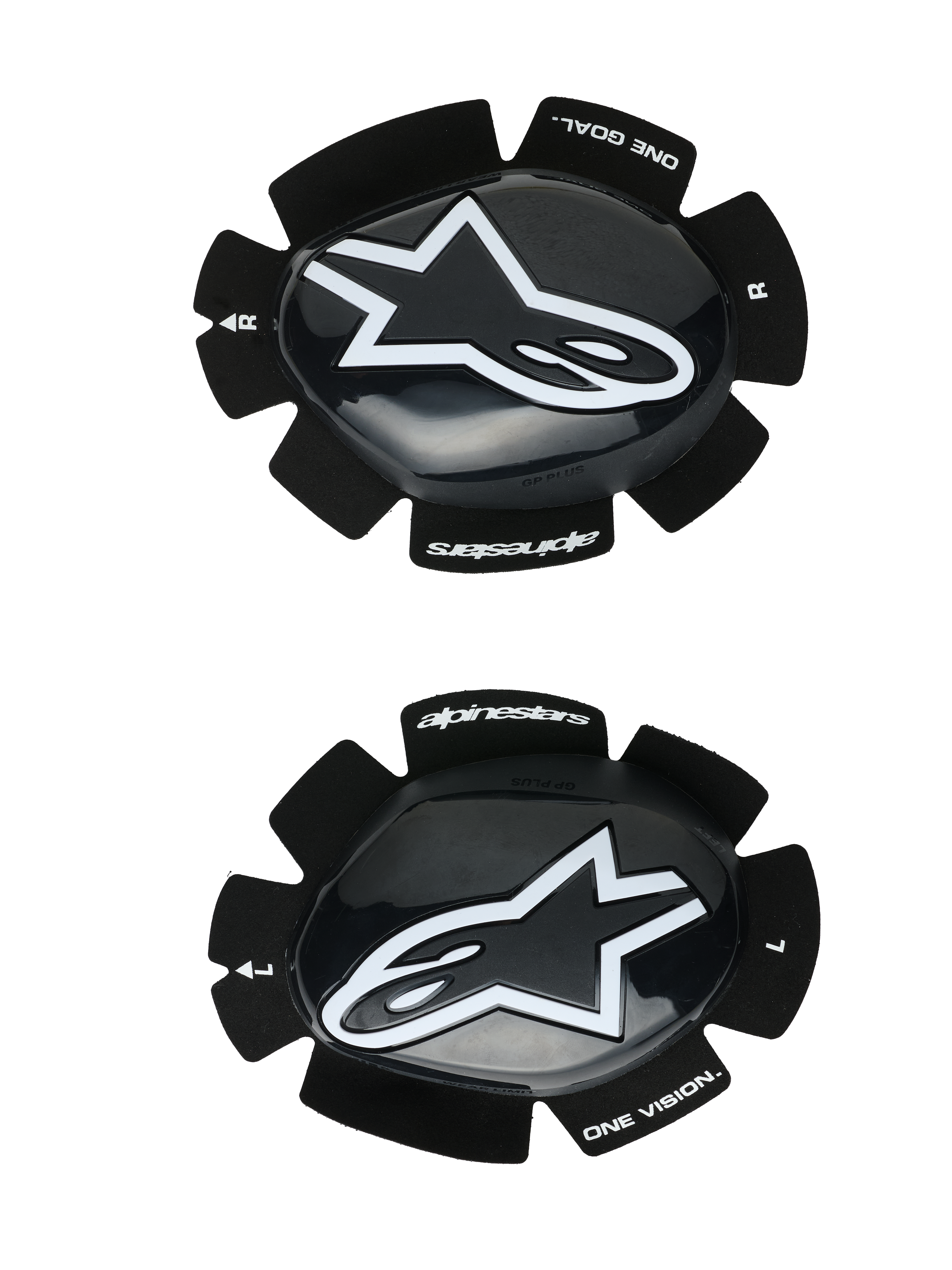 Alpinestars GP Plus Knee Sliders, saponette da moto racing, nero e bianco, finitura lucida con logo a stella bianco, sistema di fissaggio in velcro, con branding "One Goal One Vision", set destro e sinistro