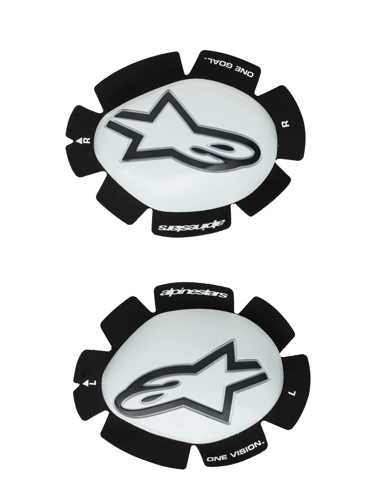 Alpinestars GP Plus Knee Sliders, bianchi e neri, protezioni ginocchia da moto racing, coppia composta da slider destro e sinistro con superfici in plastica bianca e loghi Astars neri, supporto in Velcro nero sagomato con branding 'ONE GOAL' e 'ONE VISION'