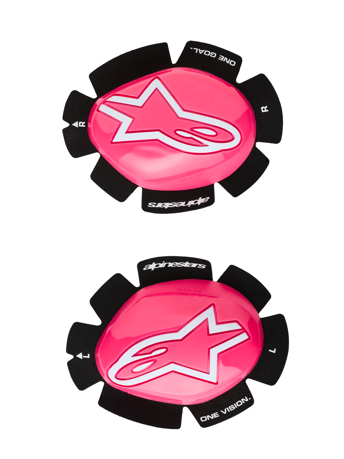 Slider ginocchia Alpinestars GP Plus, slider per moto da corsa, rosa fluo e bianco, set di slider destro e sinistro, superficie rosa lucida con loghi a stella bianchi, supporto nero con scritta 'One Goal One Vision', struttura in plastica resistente per uso in pista e su strada