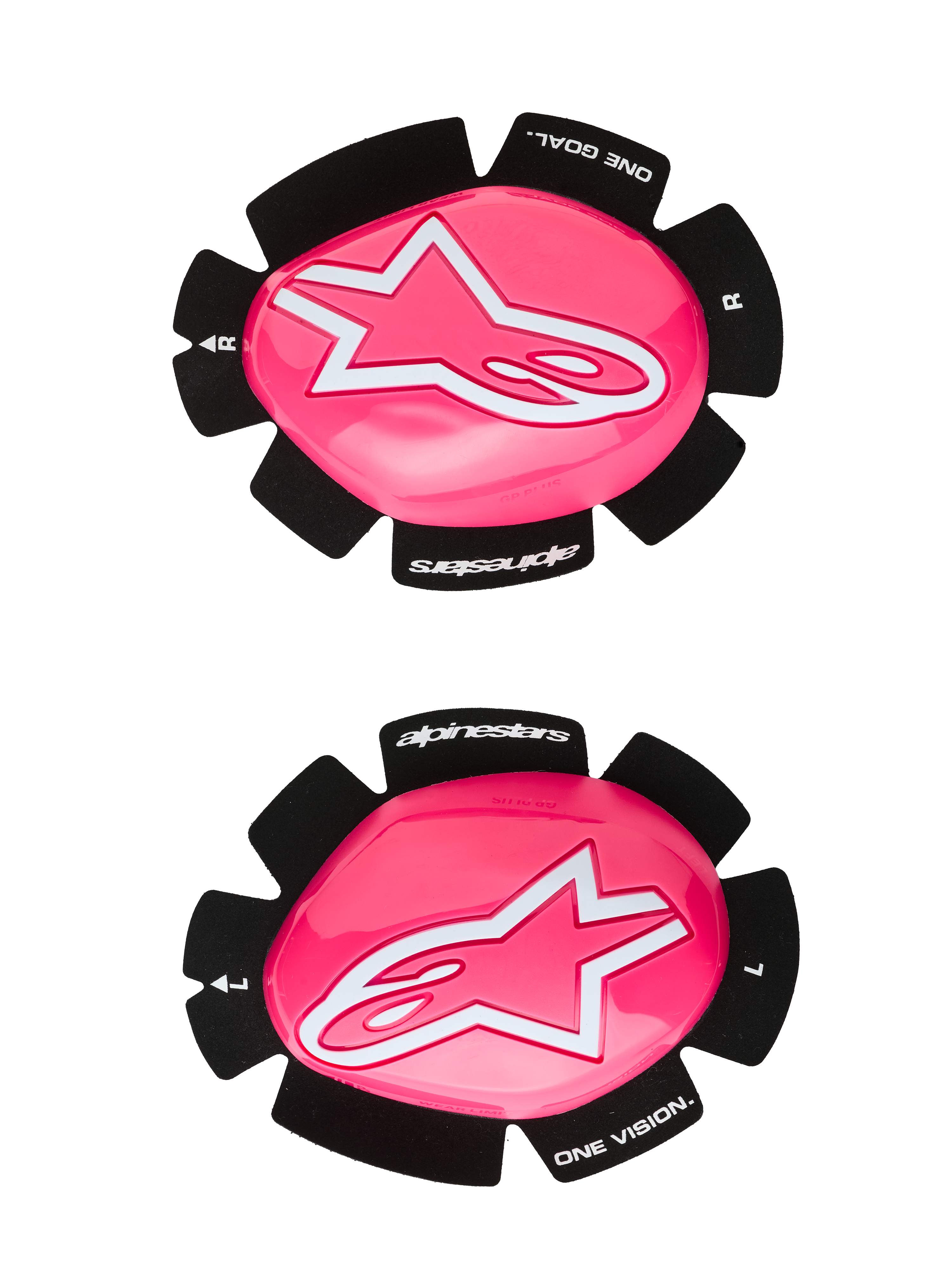 Slider ginocchia Alpinestars GP Plus, slider per moto da corsa, rosa fluo e bianco, set di slider destro e sinistro, superficie rosa lucida con loghi a stella bianchi, supporto nero con scritta 'One Goal One Vision', struttura in plastica resistente per uso in pista e su strada