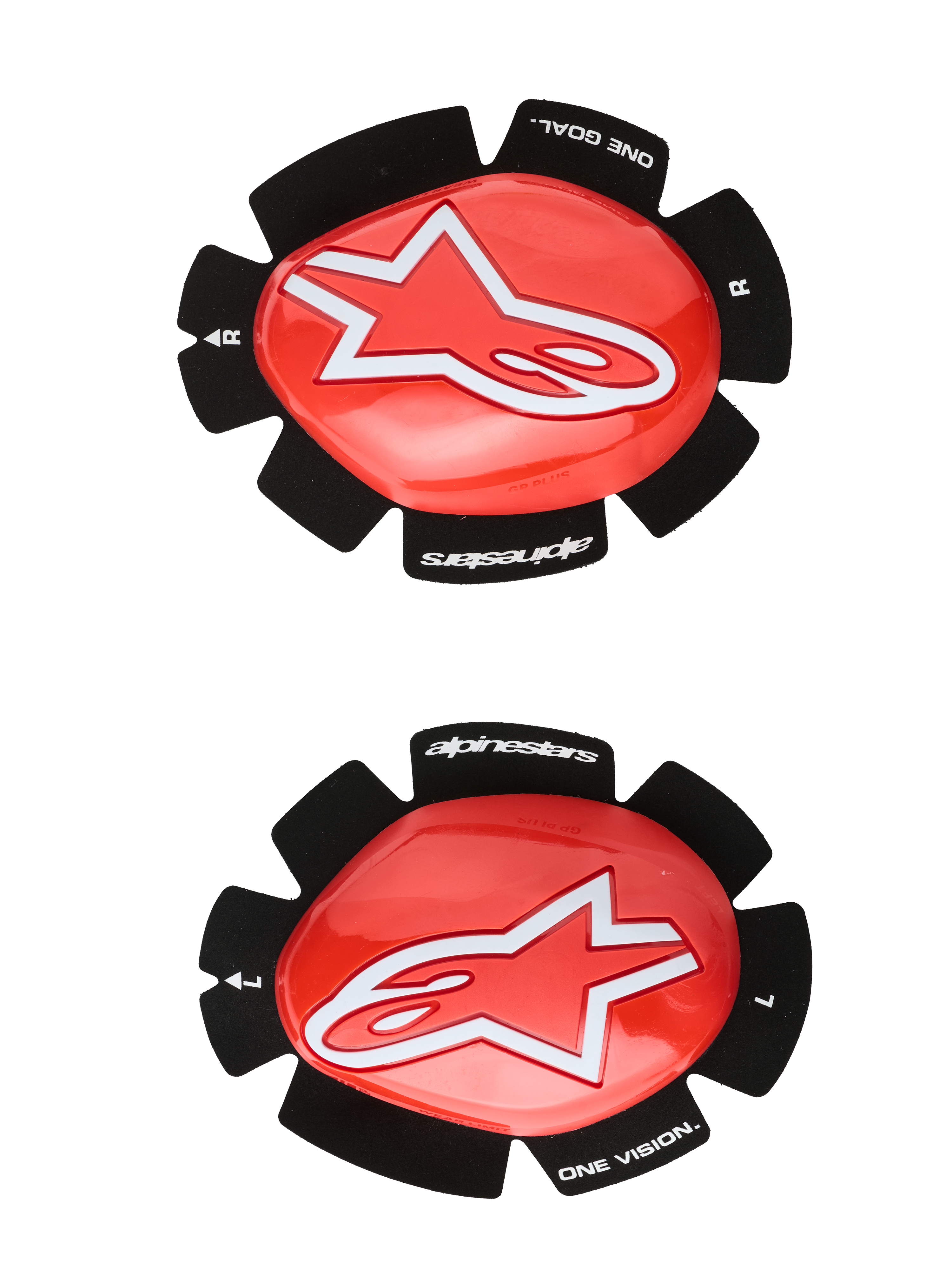 Alpinestars GP Plus Knee Sliders, protezione ginocchia da moto racing, rosso e nero, logo con stella bianca, branding "ONE GOAL. ONE VISION.", supporti con attacco in Velcro, coppia sinistra e destra