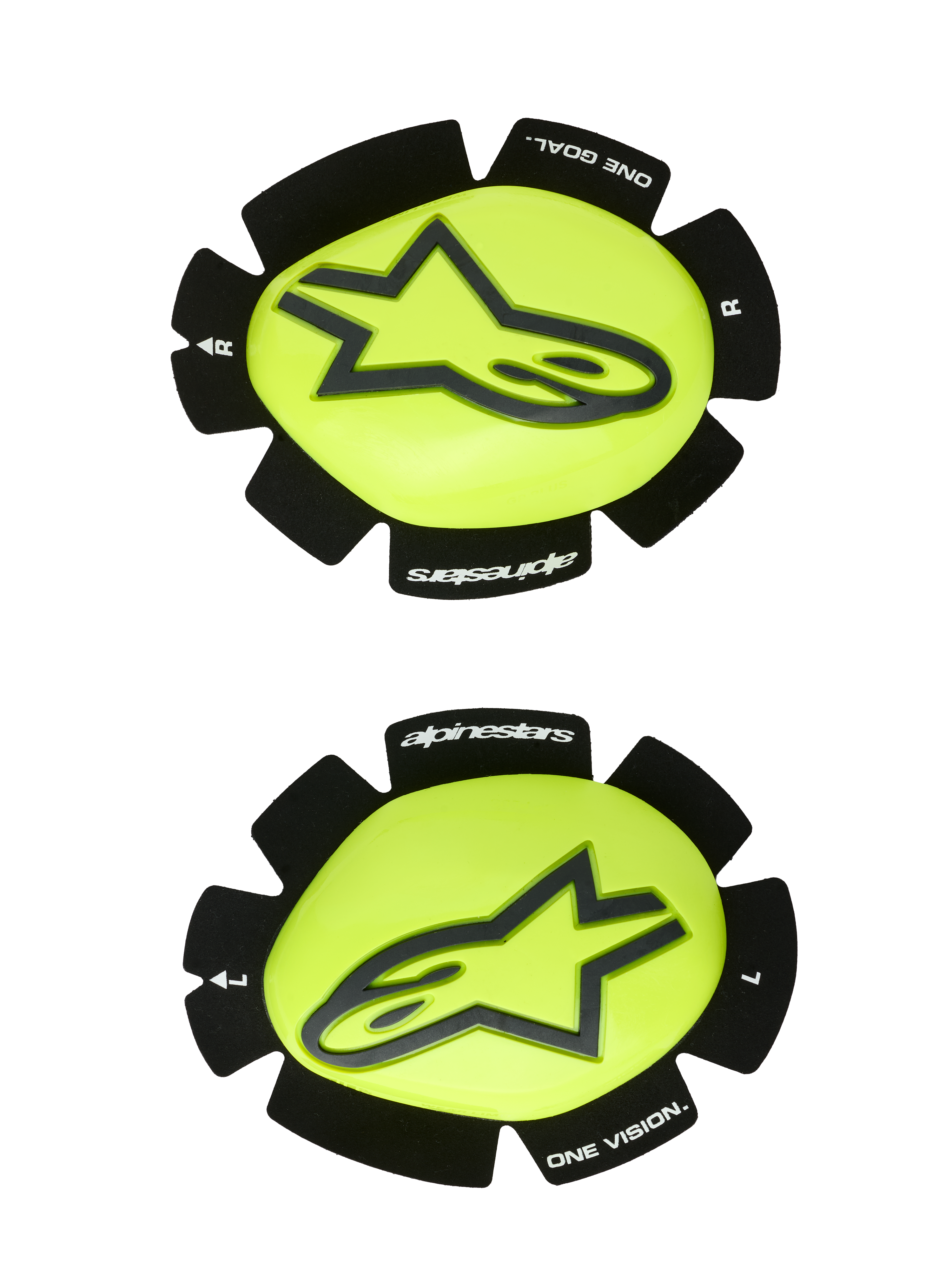 Alpinestars GP Plus Knee Slider, slider ginocchio da corsa per moto, giallo fluo e nero, coppia sinistra e destra con logo a stella nero su superficie gialla lucida, bordi neri testurizzati con branding 'alpinestars' e 'ONE GOAL ONE VISION', progettati per l'abrasione in pista