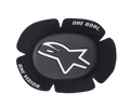 Alpinestars GP Sport Evo Knee Sliders, slider per ginocchia da moto racing bianchi e neri, con logo a stella bianco su disco centrale grigio scuro, design sagomato a cinque petali con scritta "ONE GOAL ONE VISION", protezione in TPU resistente per pista e guida sportiva