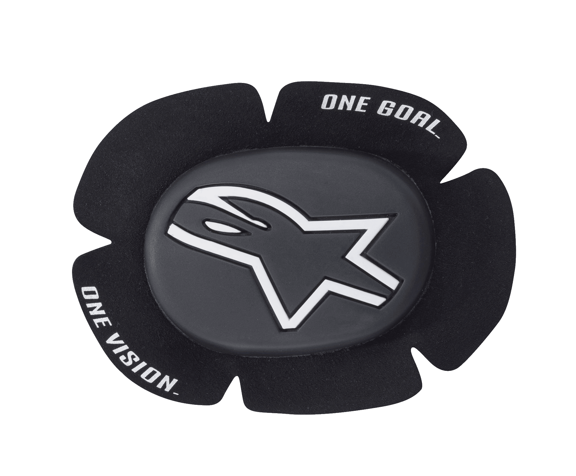 Alpinestars GP Sport Evo Knee Sliders, slider per ginocchia da moto racing bianchi e neri, con logo a stella bianco su disco centrale grigio scuro, design sagomato a cinque petali con scritta "ONE GOAL ONE VISION", protezione in TPU resistente per pista e guida sportiva