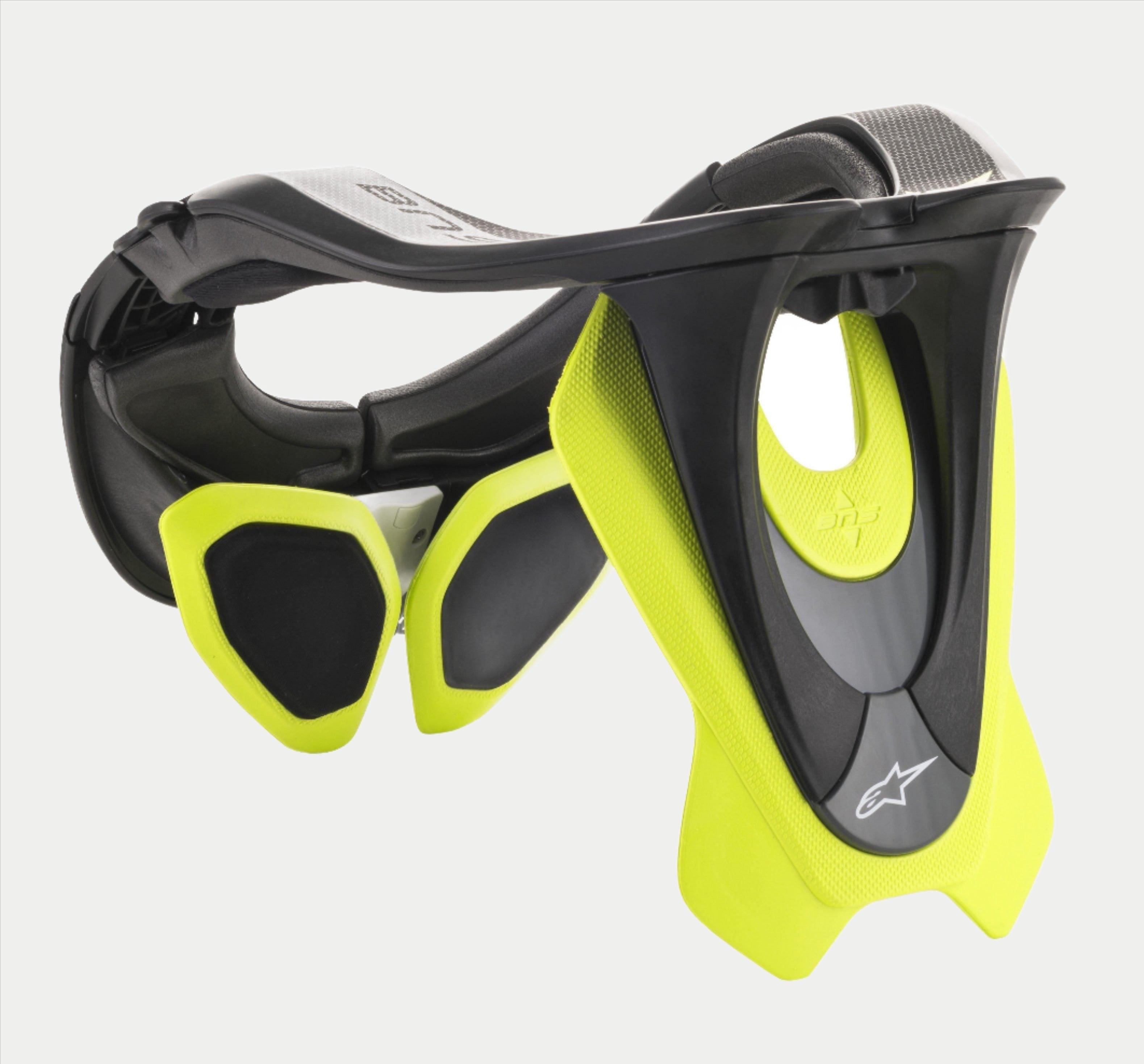 Alpinestars BNS Tech 2 Neck Support, collare da motocross, nero e giallo fluorescente, telaio ergonomico in polimero di carbonio con stabilizzatori imbottiti, con logo Alpinestars, protezione ad alte prestazioni per la guida fuoristrada