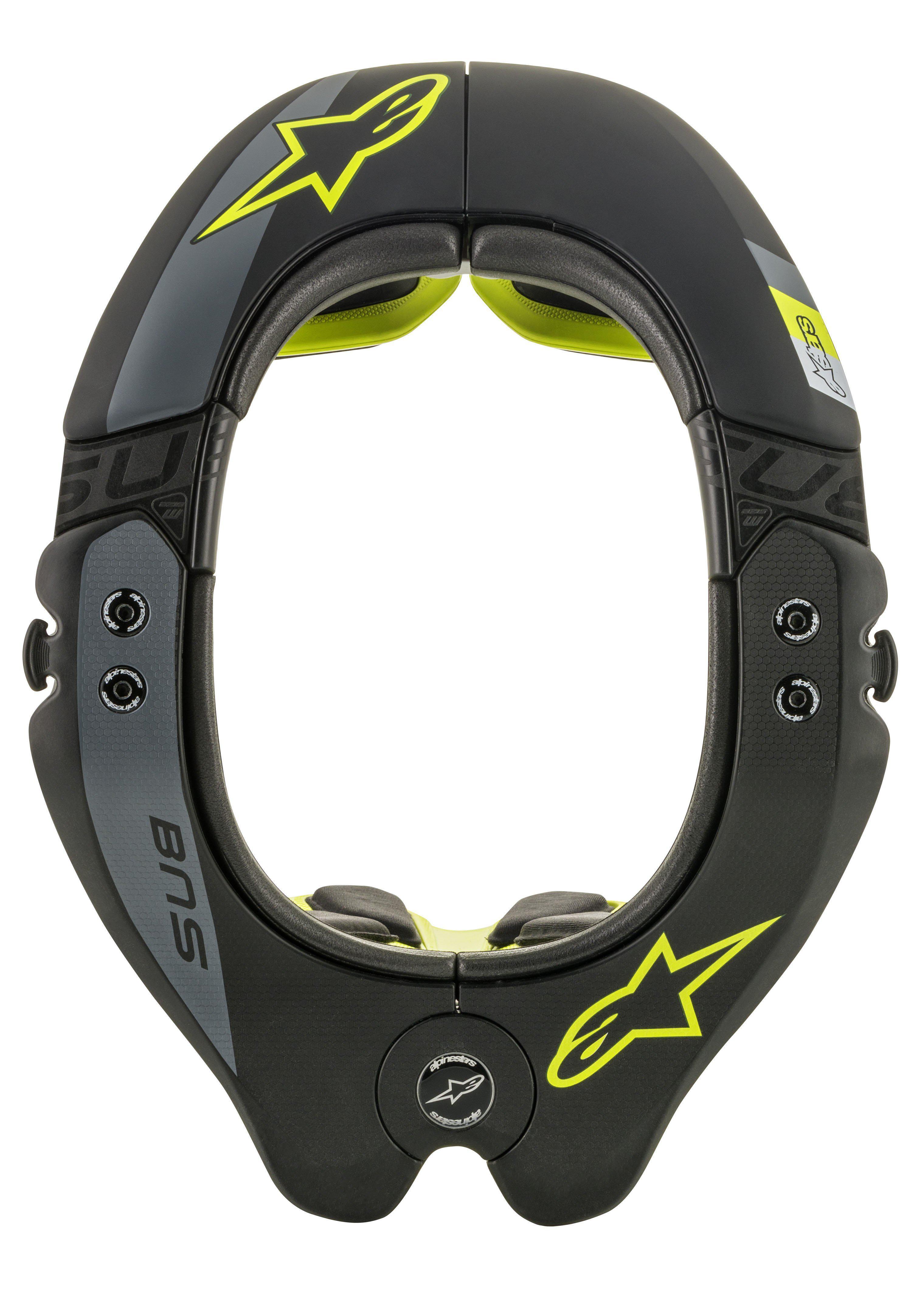 Alpinestars BNS Tech 2 Neck Support, protezione collo per motocross, nero e giallo fluorescente, vista dall'alto della struttura ovale con loghi a stella gialli, dettagli grigi e marchio 'BNS', progettato per la sicurezza fuoristrada
