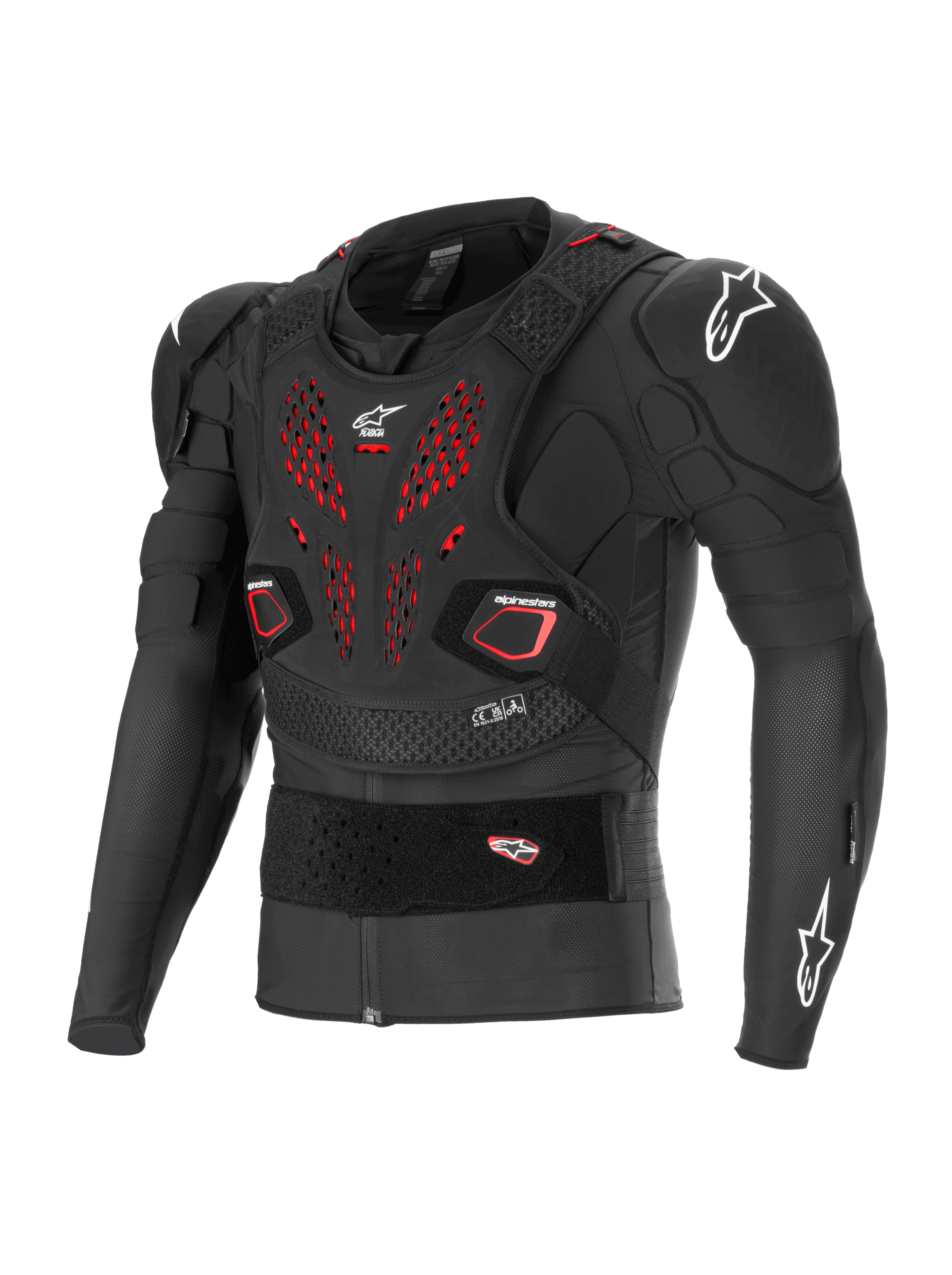 Alpinestars Bionic Pro V3 Plasma Protection Jacket, giacca protettiva da fuoristrada, nero con dettagli di ventilazione rossi sul petto, loghi Alpinestars bianchi su spalle e torace, con protezioni per gomiti e spalle Nucleon PLASMA integrate, placca pettorale flottante e fascia elastica regolabile in vita, struttura in mesh traspirante per motocross e fuoristrada
