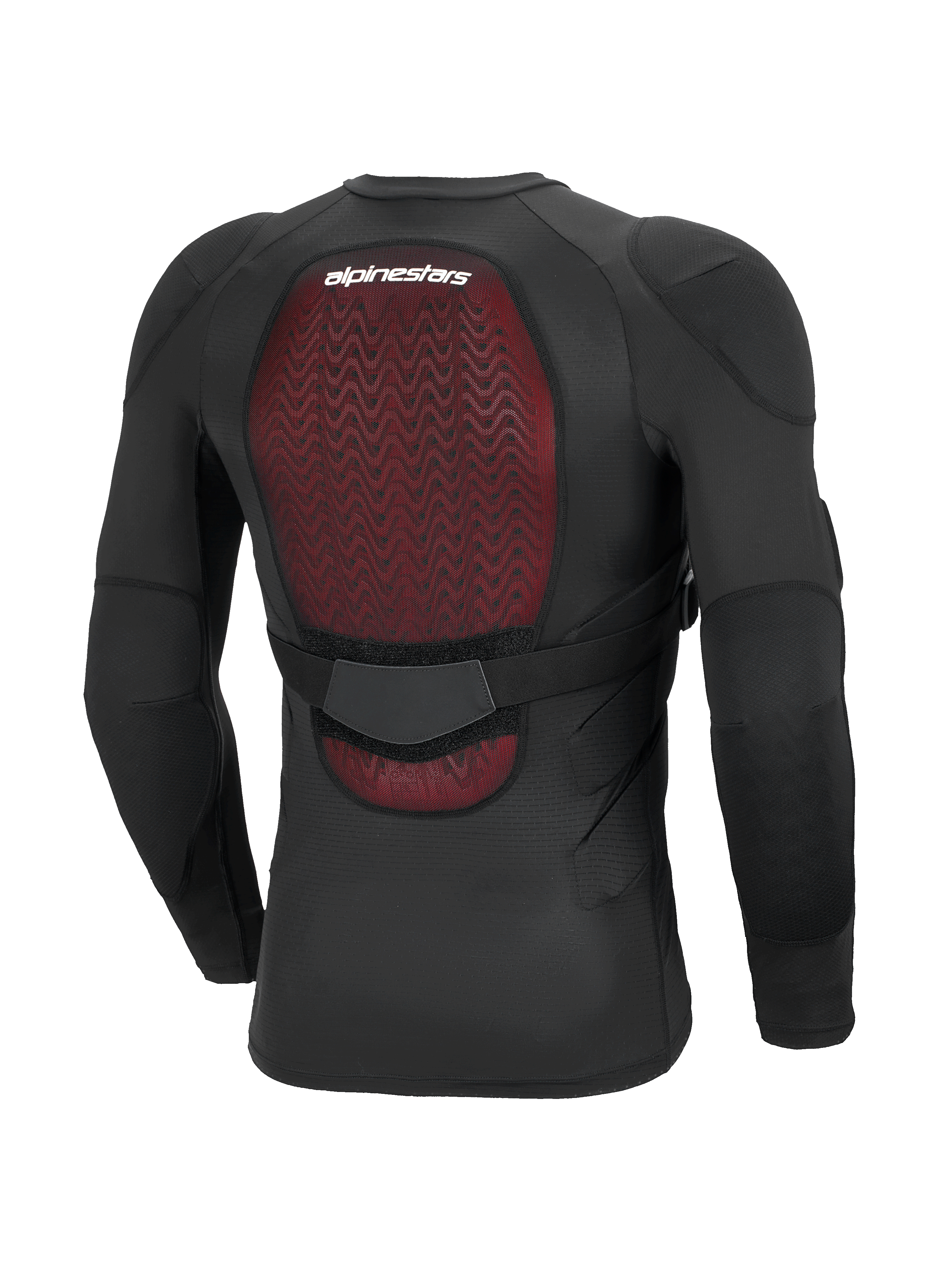 Giacca protettiva Alpinestars Bionic Plasma LT - Maniche Lunghe, nero, vista posteriore che evidenzia il paraschiena rosso Nucleon PLASMA, struttura in rete elasticizzata traspirante, fascia regolabile in vita e protezioni integrate per gomiti e spalle