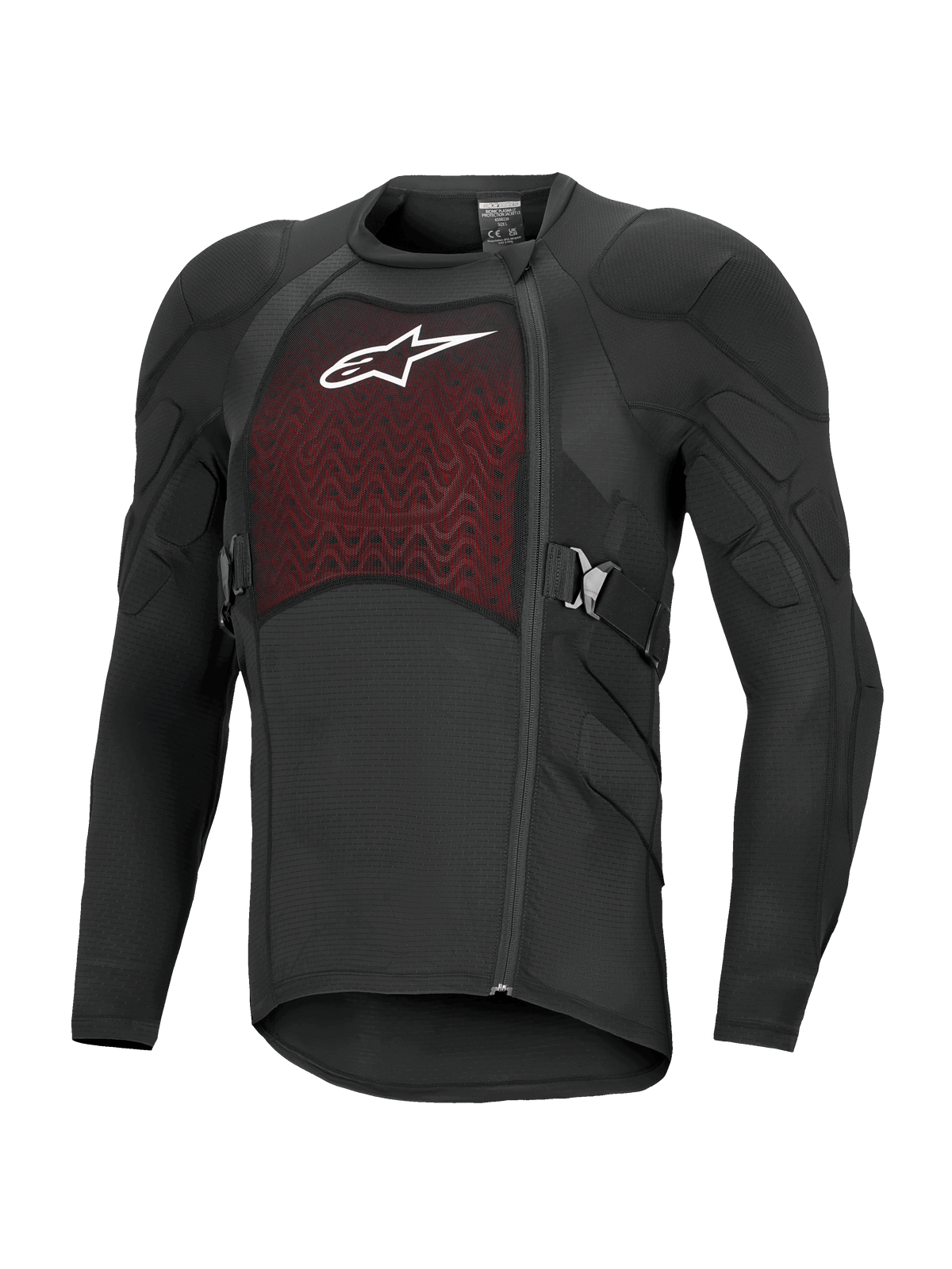 Alpinestars Bionic Plasma LT Protection Jacket a maniche lunghe, giacca protettiva da moto off-road, nero e rosso, con spalle e gomiti imbottiti, pannello sul petto in mesh traspirante con logo bianco, zip laterale sfalsata e cinghie laterali regolabili