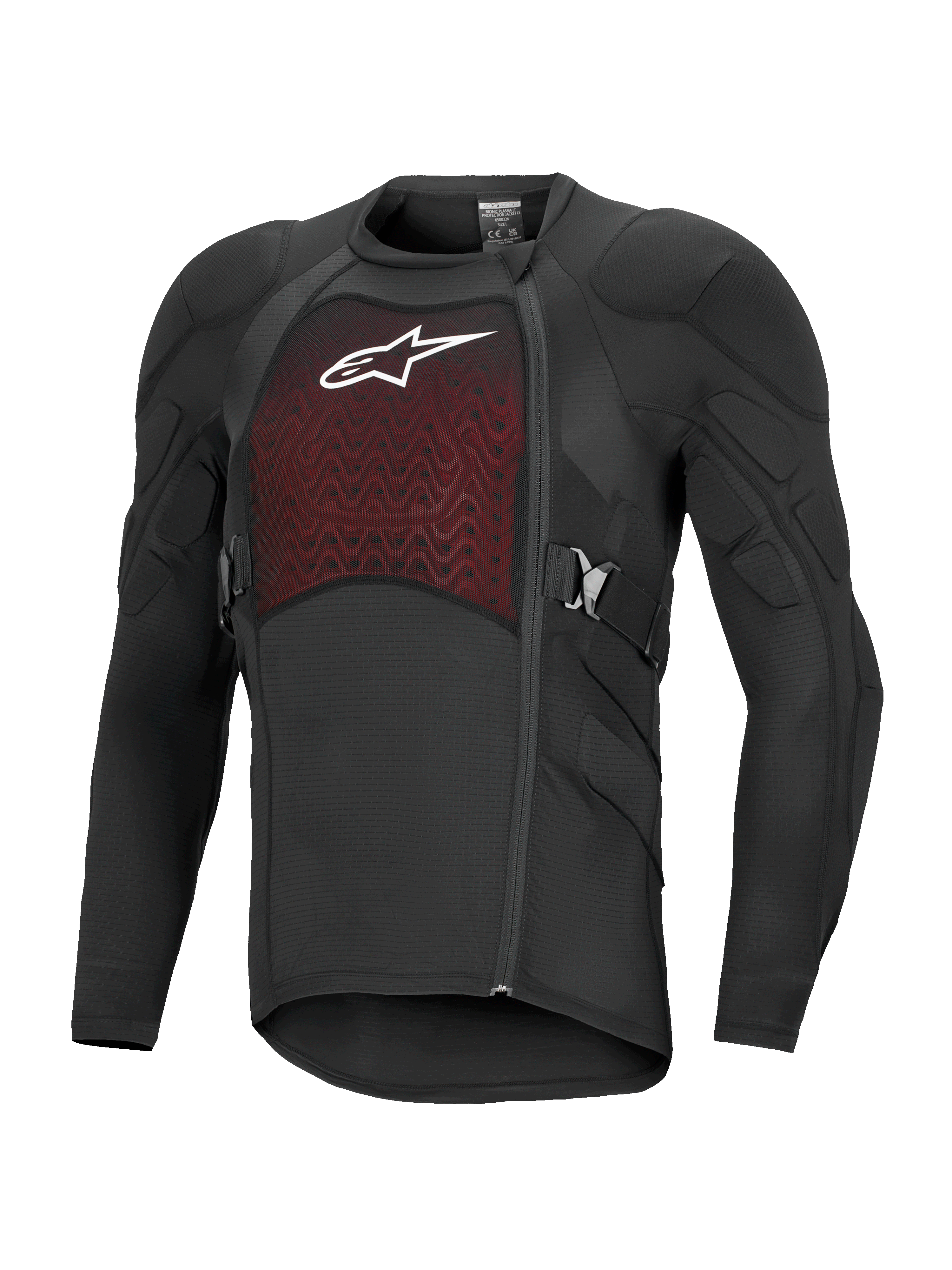 Alpinestars Bionic Plasma LT Protection Jacket a maniche lunghe, giacca protettiva da moto off-road, nero e rosso, con spalle e gomiti imbottiti, pannello sul petto in mesh traspirante con logo bianco, zip laterale sfalsata e cinghie laterali regolabili