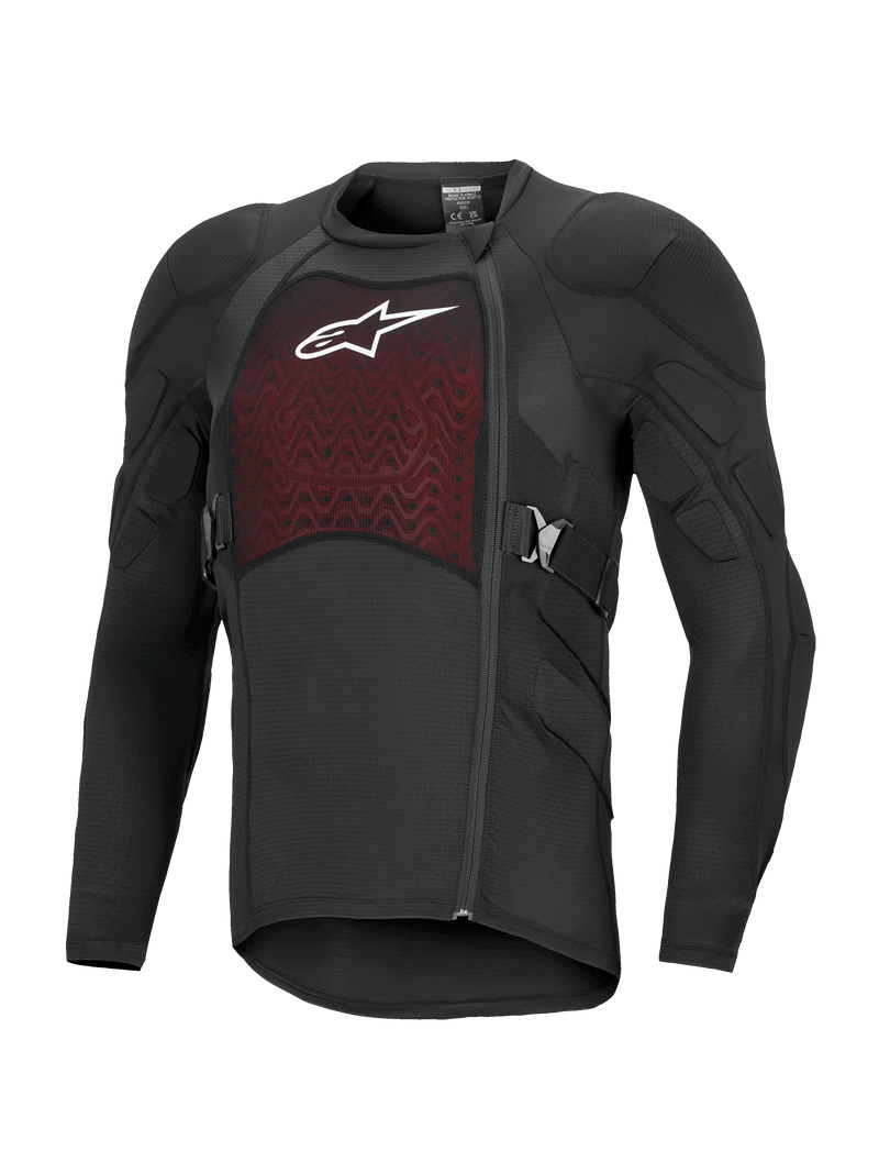 Alpinestars Bionic Plasma LT Protection Jacket a maniche lunghe, giacca protettiva da moto off-road, nero e rosso, con spalle e gomiti imbottiti, pannello sul petto in mesh traspirante con logo bianco, zip laterale sfalsata e cinghie laterali regolabili