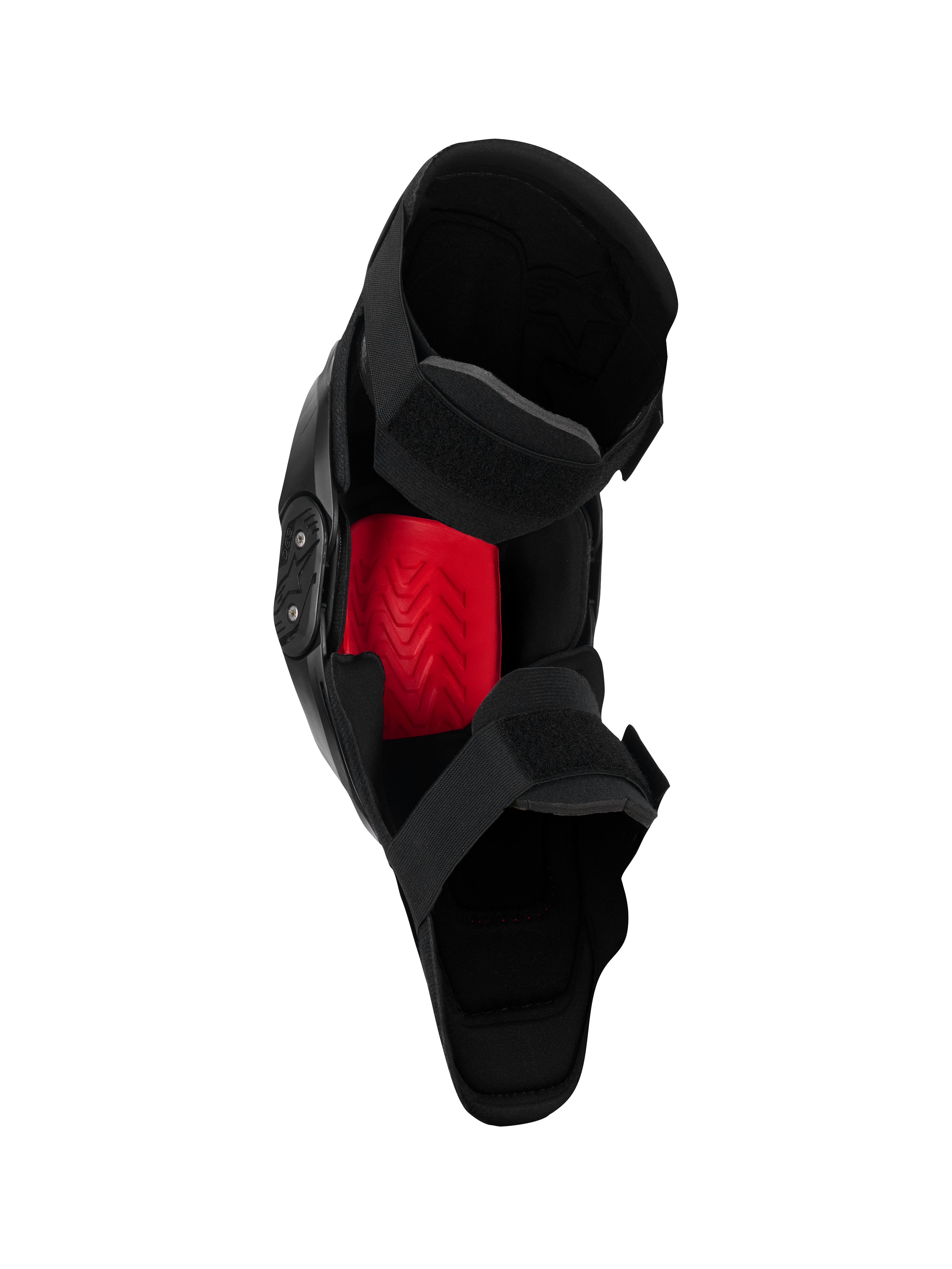 Alpinestars SX-1 Plasma Knee Protector, ginocchiera da motocross, nero e rosso, vista interna che evidenzia l'inserto rosso Nucleon PLASMA e il sistema di chiusura a doppio cinturino, progettata per prestazioni fuoristrada