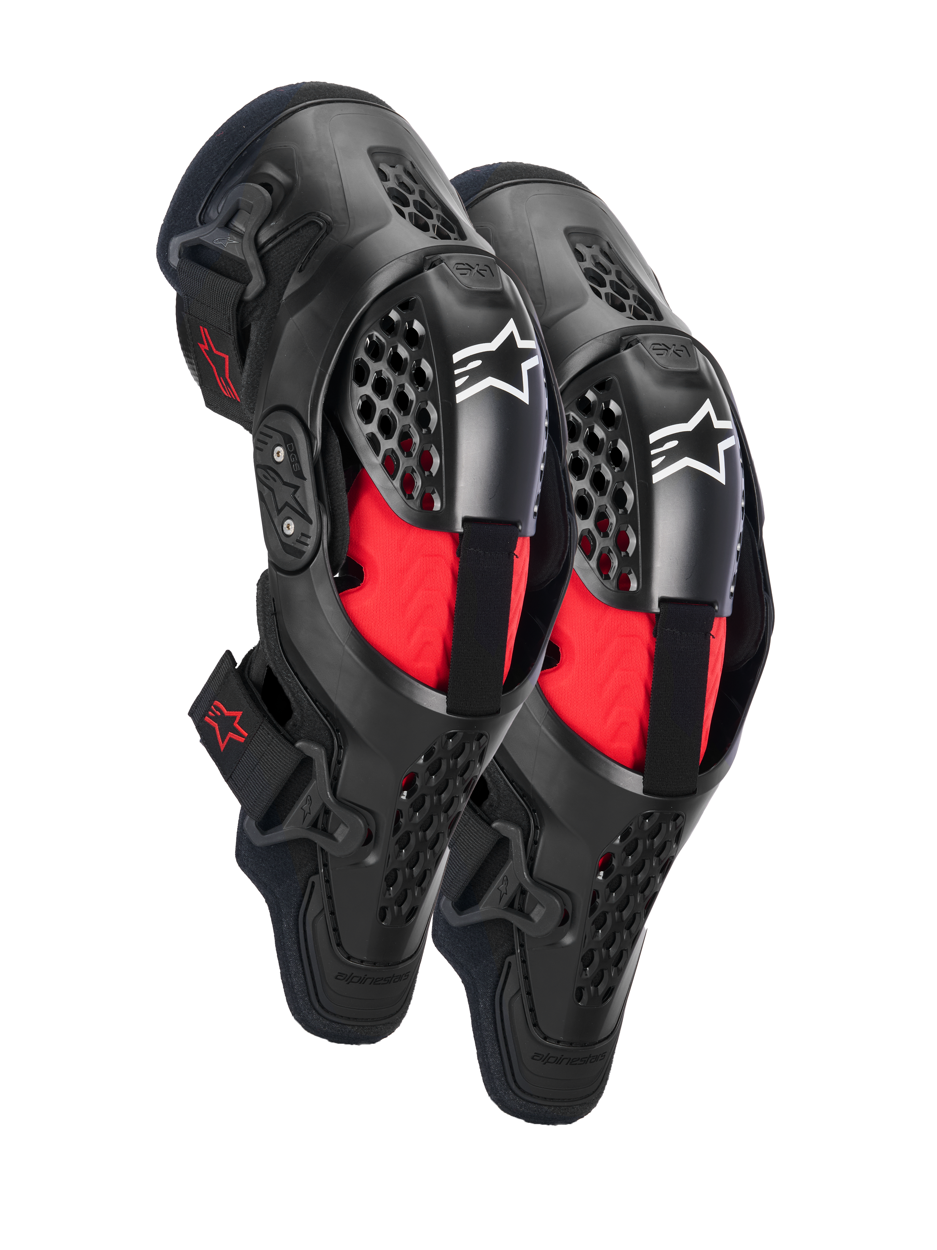 Ginocchiere Alpinestars SX-1 Plasma, protezione ginocchia motocross, nero e rosso, con telai semi-rigidi ventilati, imbottitura interna rossa, loghi Alpinestars bianchi sulla rotula e design con cerniera a doppio perno per prestazioni off-road