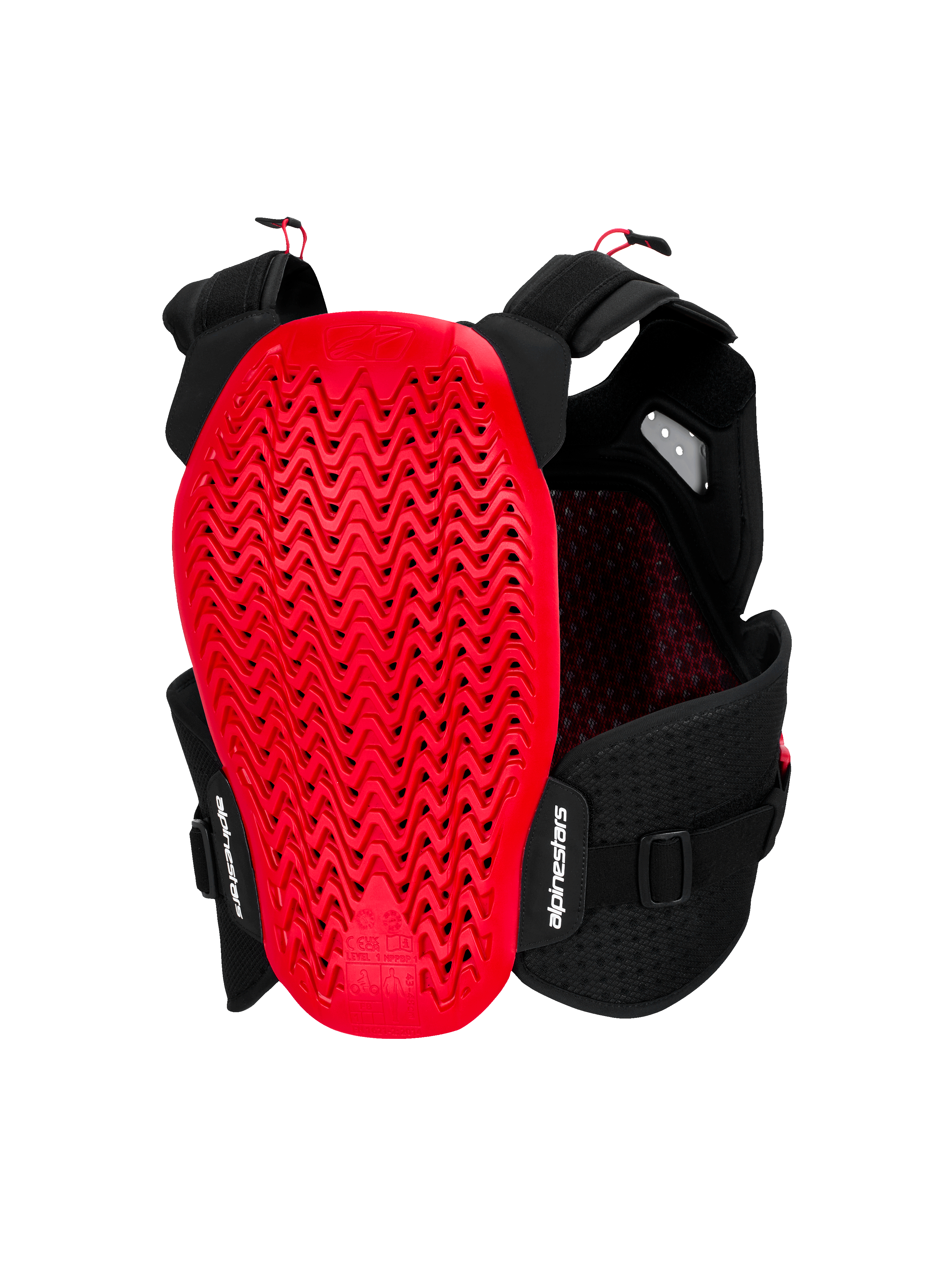 Protezione Torace Alpinestars A-4 Plasma, vista posteriore, nero e rosso, con un ampio paraschiena Nucleon PLASMA rosso dal design traforato ondulato, telaio in mesh nero con cinghie regolabili e logo Alpinestars bianco.