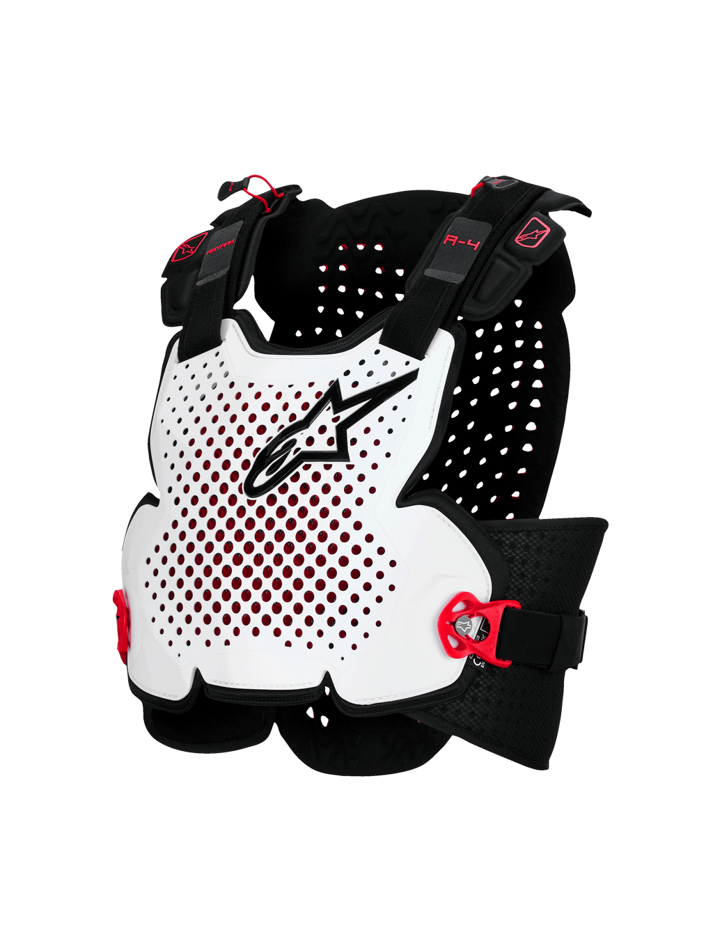 Alpinestars A-4 Plasma Chest Protector, protezione torace da moto, bianco con dettagli neri e rossi, design a guscio rigido ventilato, cinghie laterali regolabili, protezione leggera per fuoristrada