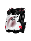 Alpinestars A-4 Plasma Chest Protector, protezione torace da moto, bianco con dettagli neri e rossi, design a guscio rigido ventilato, cinghie laterali regolabili, protezione leggera per fuoristrada