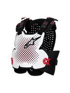 Alpinestars A-4 Plasma Chest Protector, protezione torace da moto, bianco con dettagli neri e rossi, design a guscio rigido ventilato, cinghie laterali regolabili, protezione leggera per fuoristrada