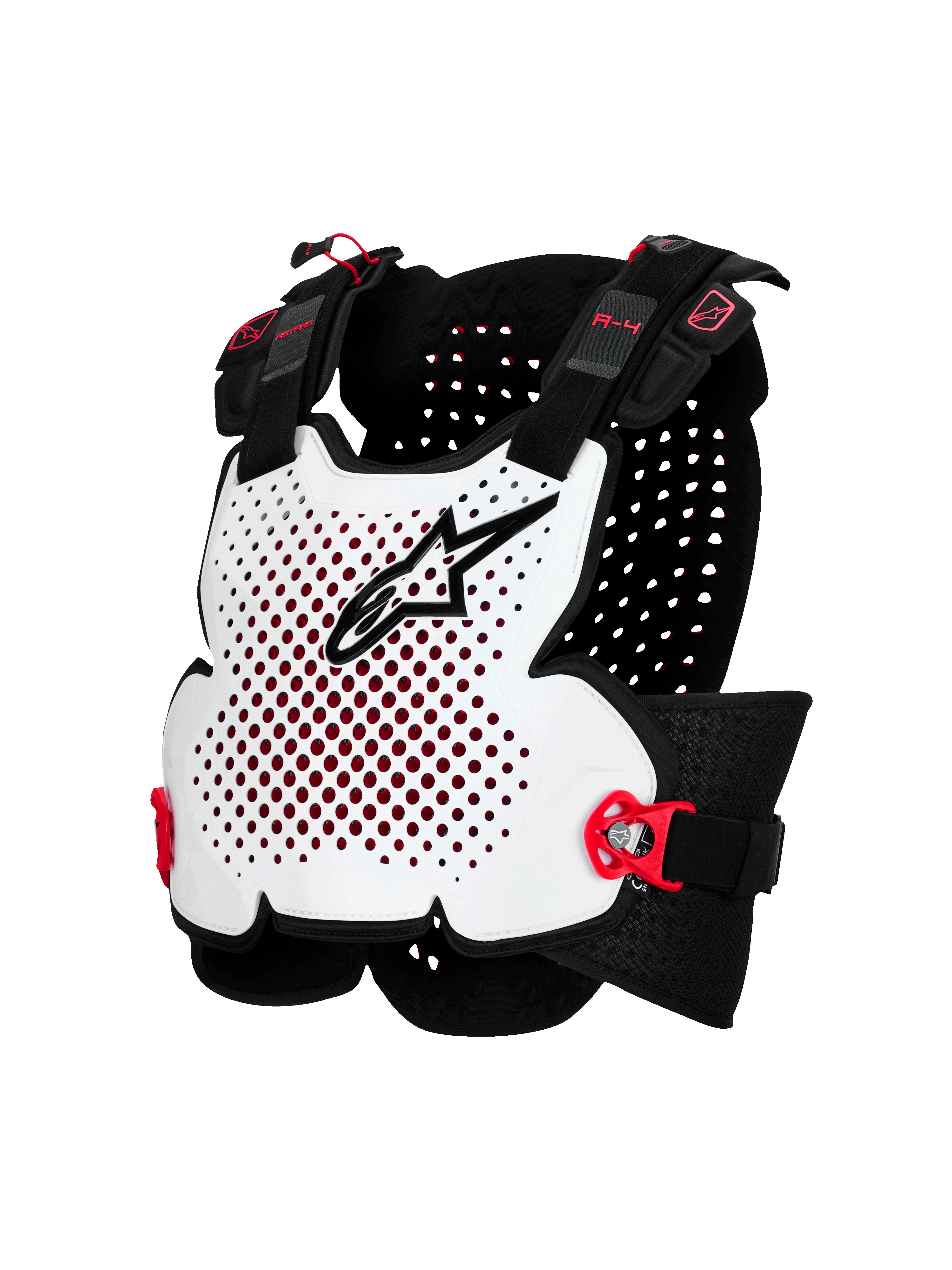Alpinestars A-4 Plasma Chest Protector, protezione torace da moto, bianco con dettagli neri e rossi, design a guscio rigido ventilato, cinghie laterali regolabili, protezione leggera per fuoristrada