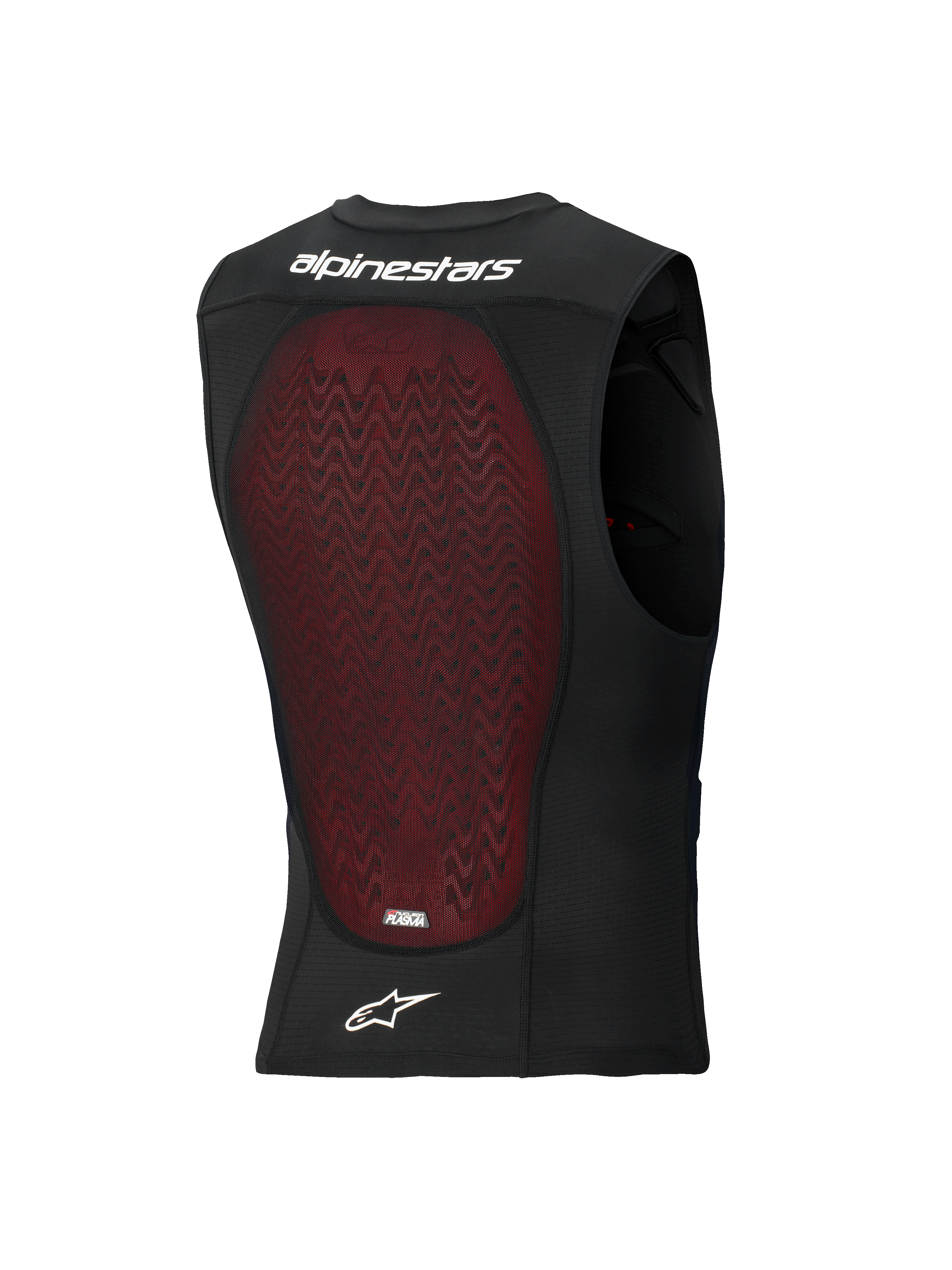 Alpinestars Bionic Plasma LT Protection Vest, vista posteriore, rete traspirante nera con un ampio paraschiena rosso Nucleon PLASMA, con scritta e logo Alpinestars bianchi, progettato per la protezione dagli impatti in fuoristrada e motocross