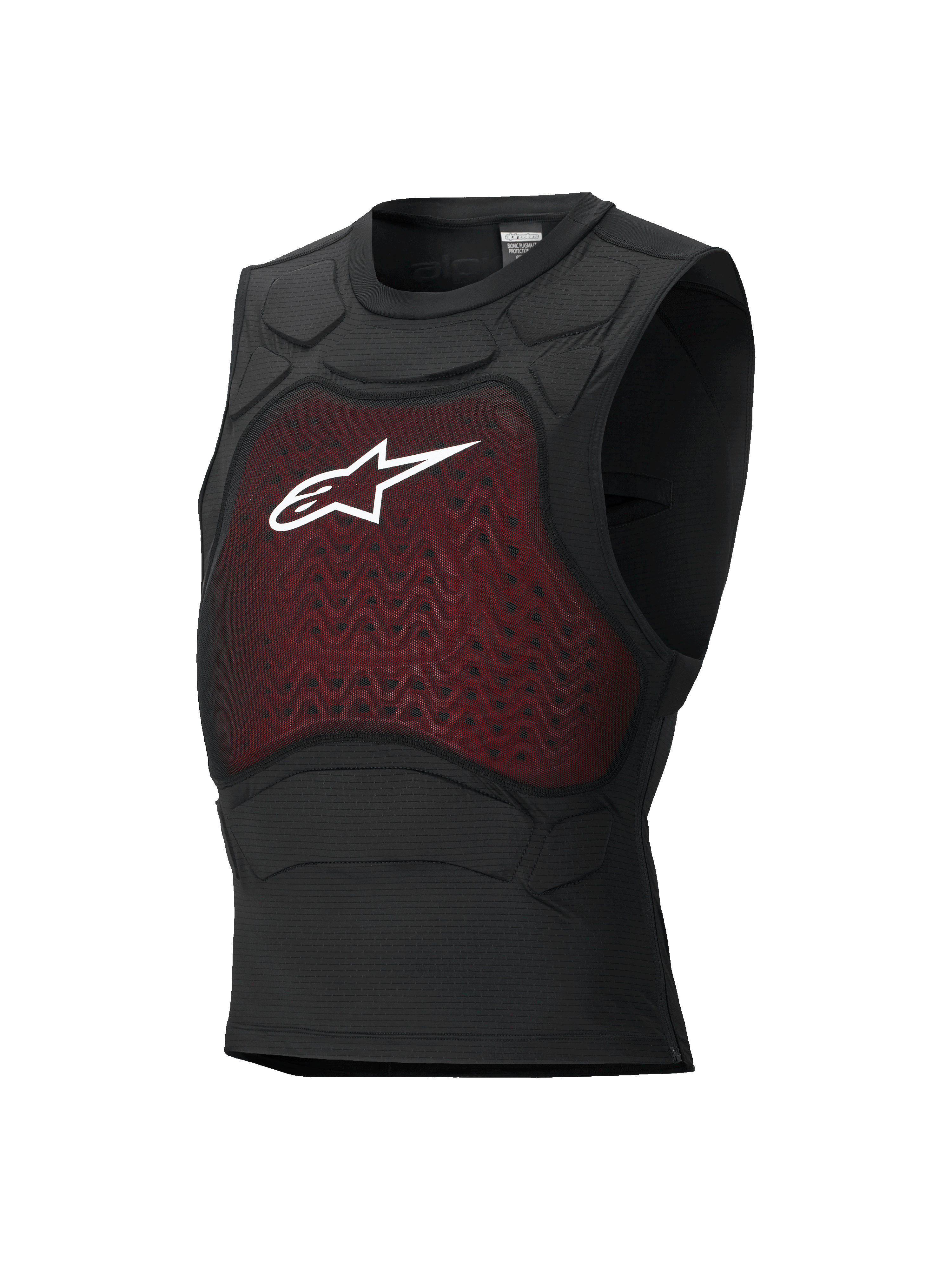 Alpinestars Bionic Plasma LT Protection Vest, protezione per il corpo da moto, nero e rosso, design senza maniche con pannello in rete sul petto e logo Astars bianco, imbottitura integrata sulle spalle, struttura traspirante e aderente