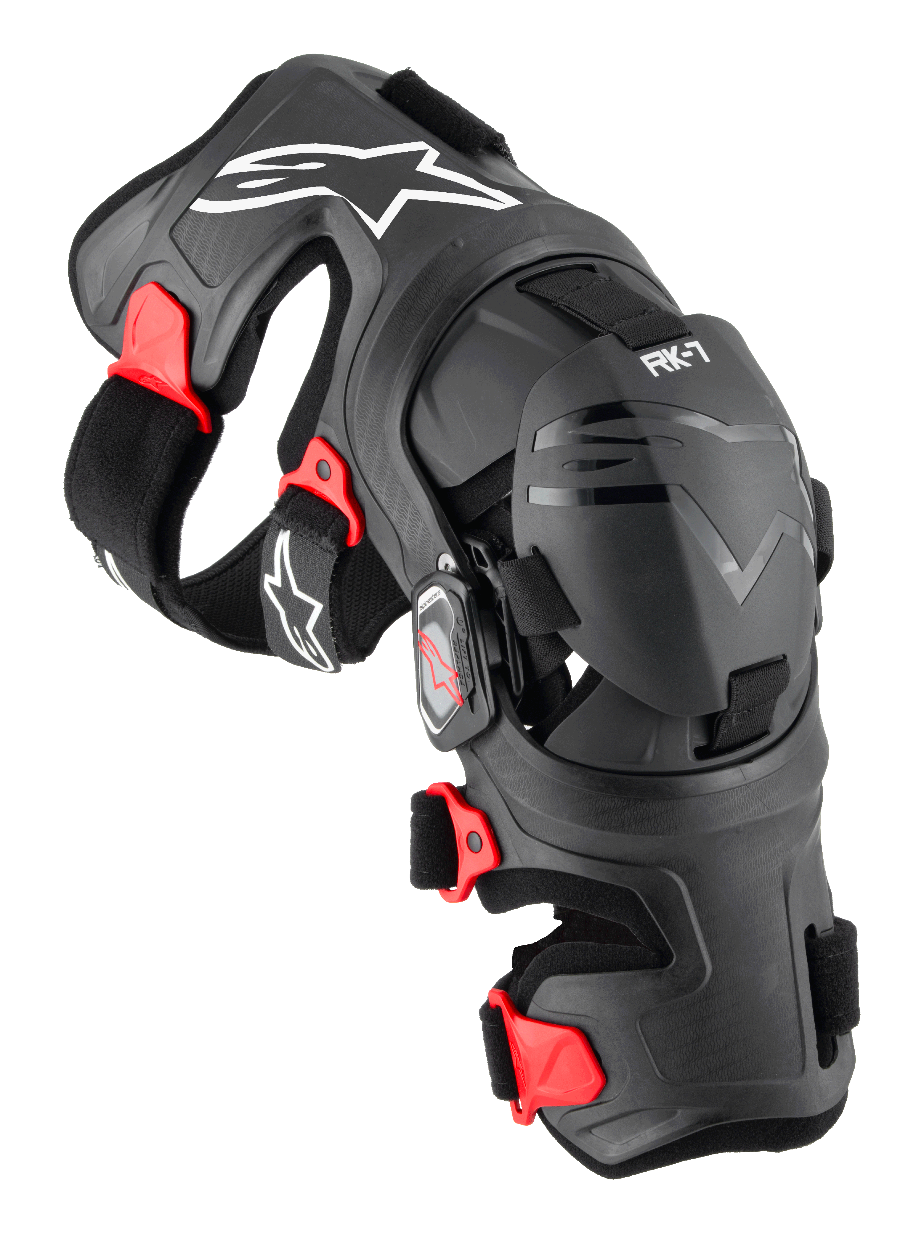 Ginocchiera Alpinestars RK-7 Plasma, protezione per ginocchia da motocross, nero con dettagli rossi e loghi bianchi, telaio ergonomico rinforzato in fibra con cinghie regolabili e sistema di cerniere a quattro punti, attrezzatura protettiva resistente per il fuoristrada
