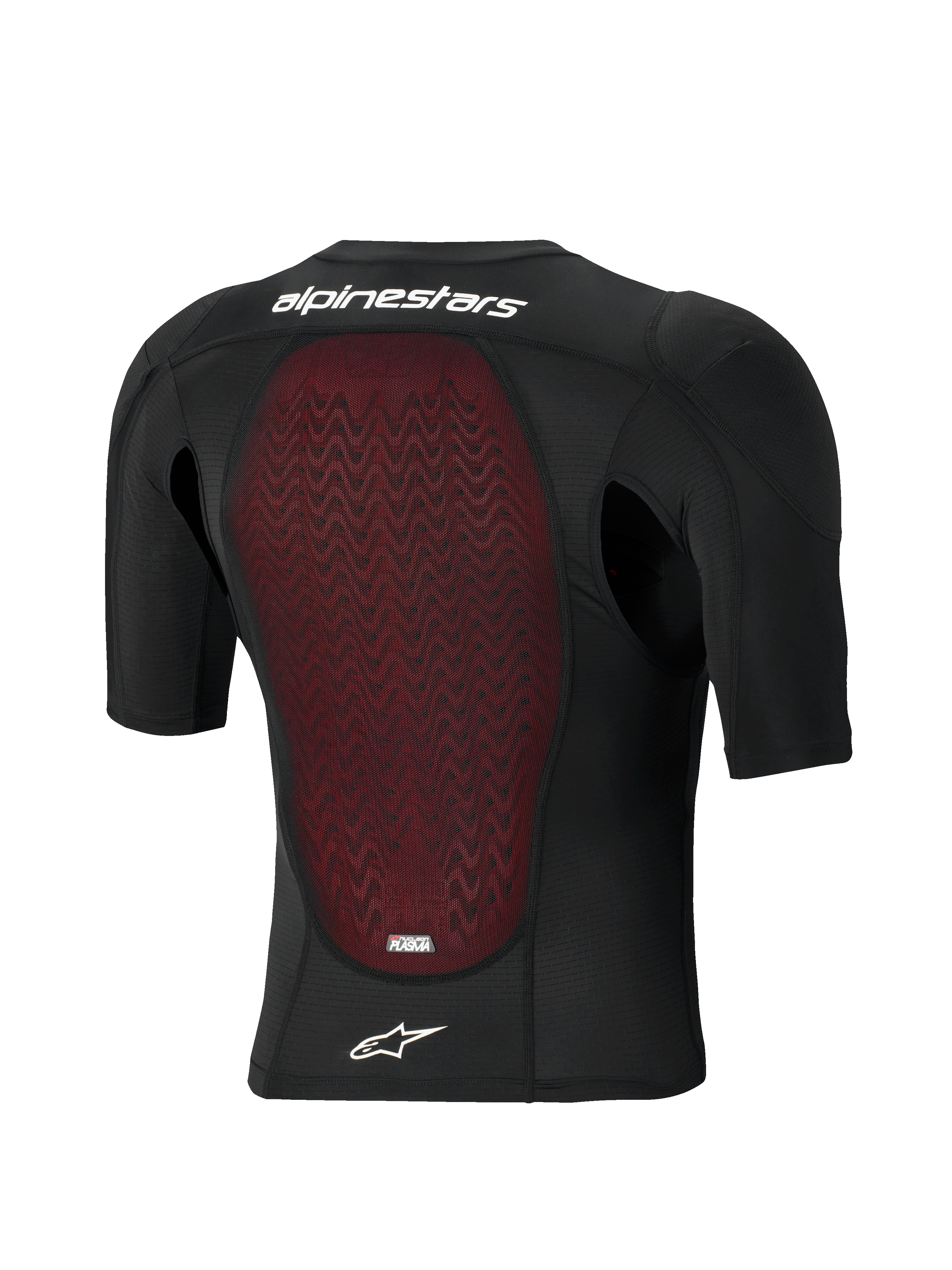Giacca Protettiva Alpinestars Bionic Plasma LT - Maniche Corte, vista posteriore, struttura in rete nera traspirante con paraschiena Nucleon PLASMA rosso testurizzato, scritta Alpinestars e logo a stella bianchi, attrezzatura protettiva per motocross e fuoristrada