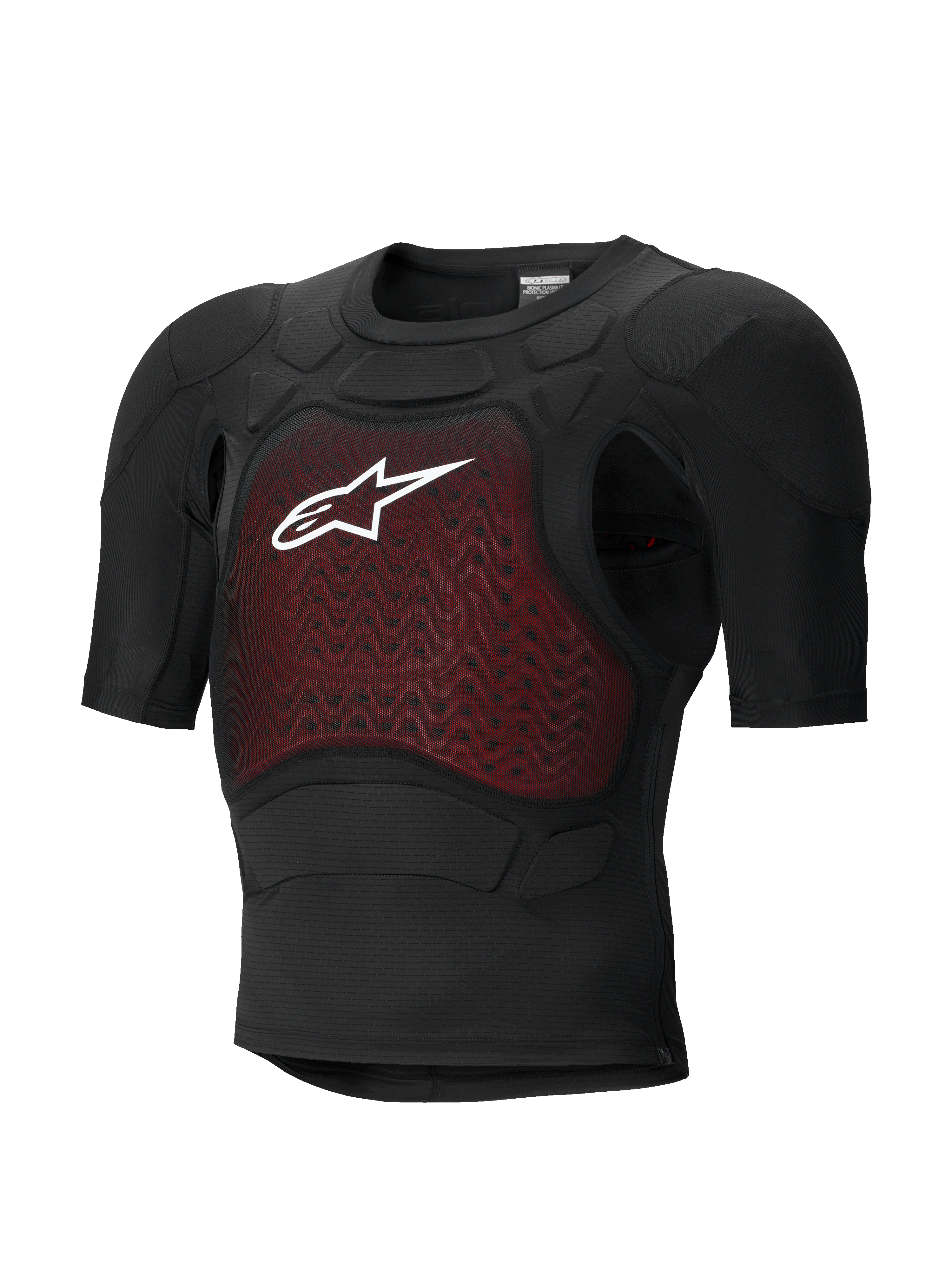 Alpinestars Bionic Plasma LT Protection Jacket - maniche corte, nero e rosso, giacca protettiva da moto con imbottitura certificata CE, telaio in rete leggera e traspirante, con pannello sul petto rosso testurizzato e logo Alpinestars bianco