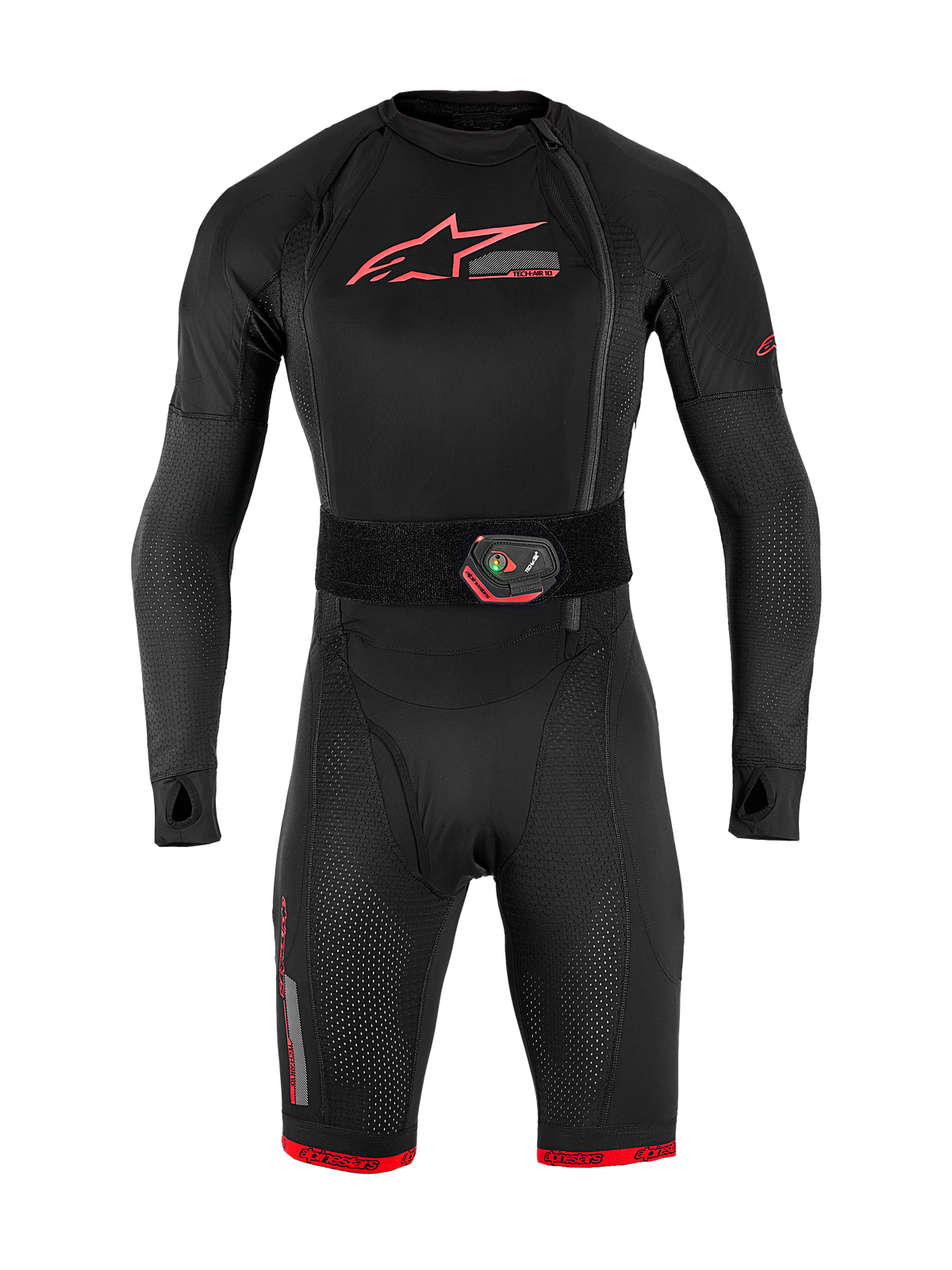 Airbag Tech-Air® 10 V2 Race, intimo tecnico intero nero con accenti rossi e cintura di attivazione con display LED.