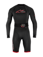 Airbag Tech-Air® 10 V2 Race, intimo tecnico intero nero con accenti rossi e cintura di attivazione con display LED.