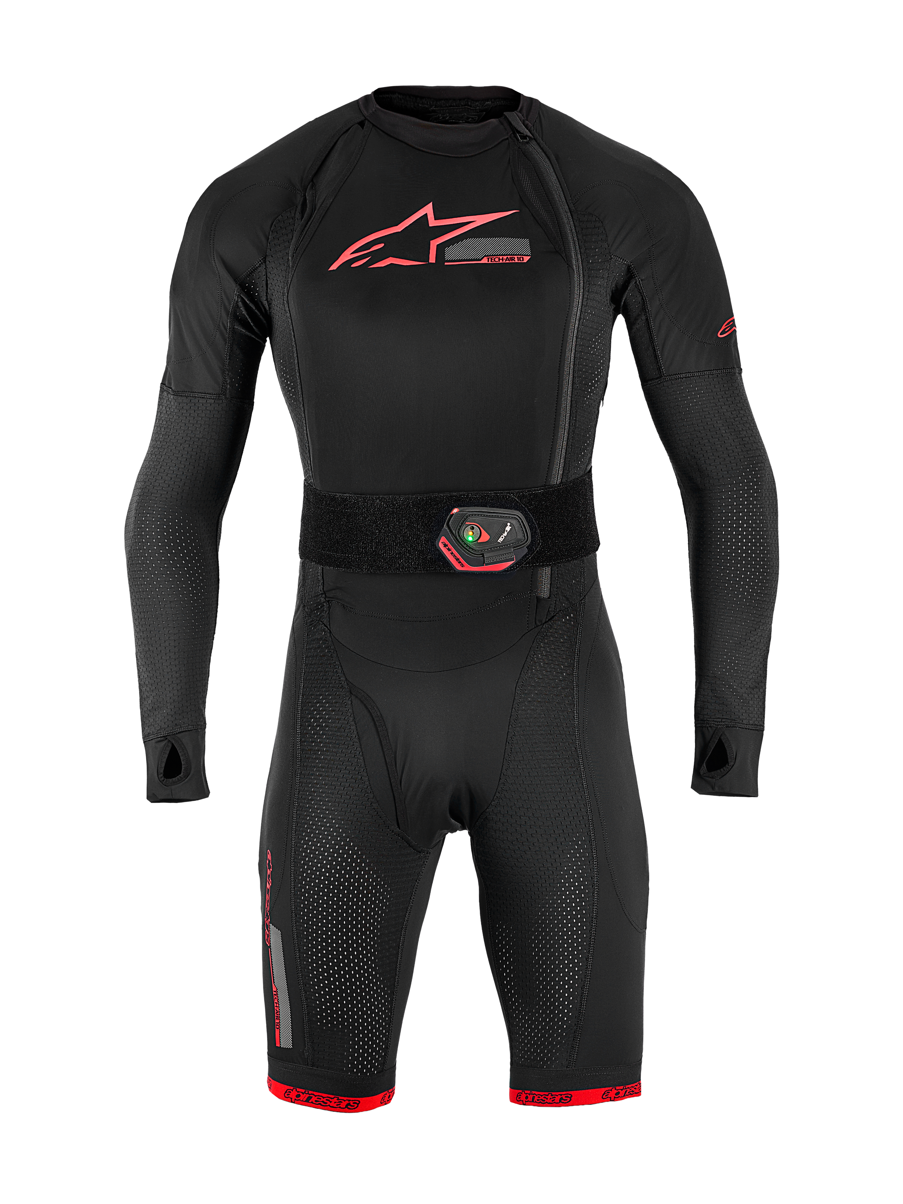 Airbag Tech-Air® 10 V2 Race, intimo tecnico intero nero con accenti rossi e cintura di attivazione con display LED.