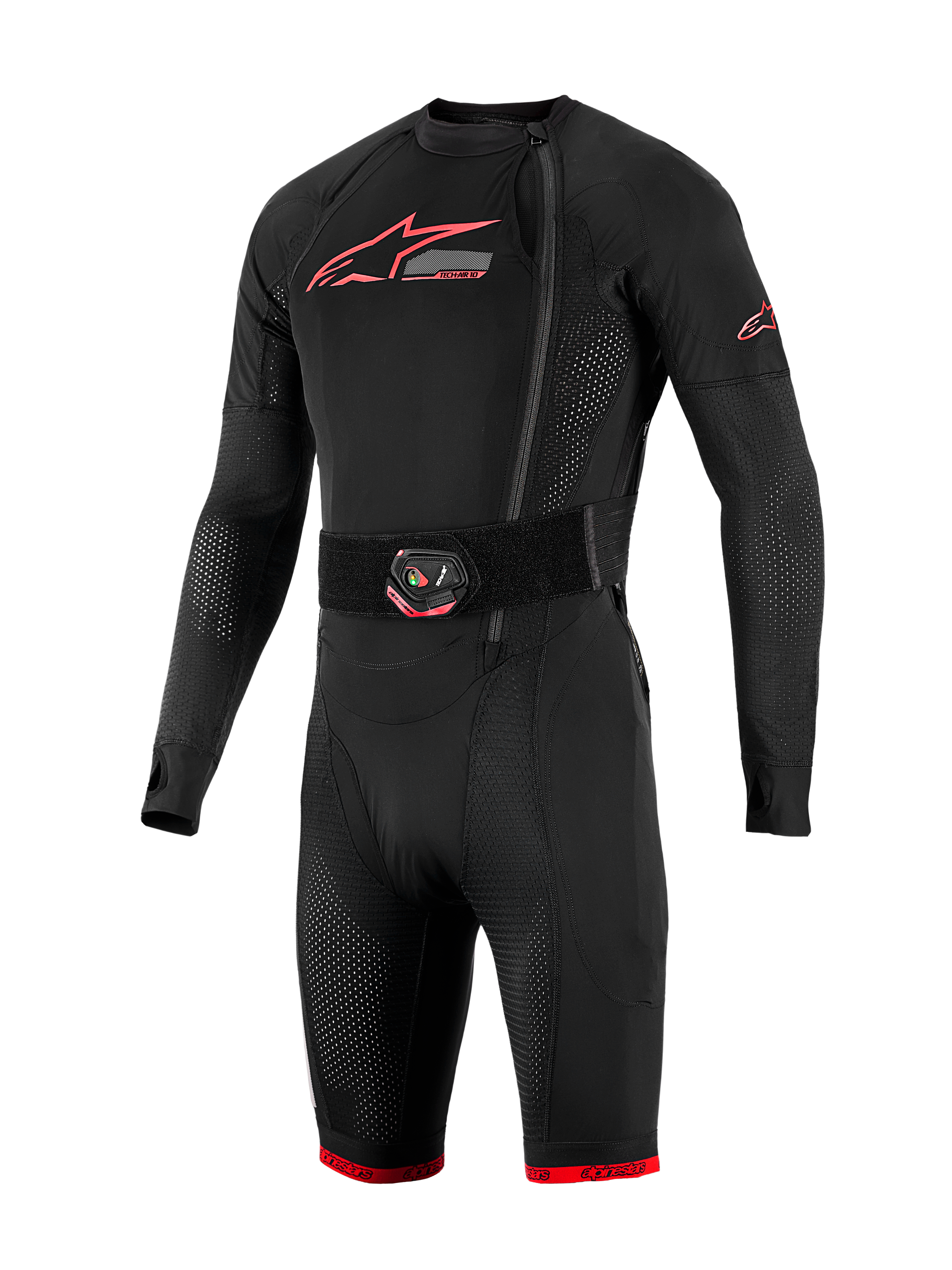 Sistema Airbag Tech-Air 10 V2 Race, intimo tecnico nero con loghi rossi, cintura LED e pannelli in mesh traspirante.
