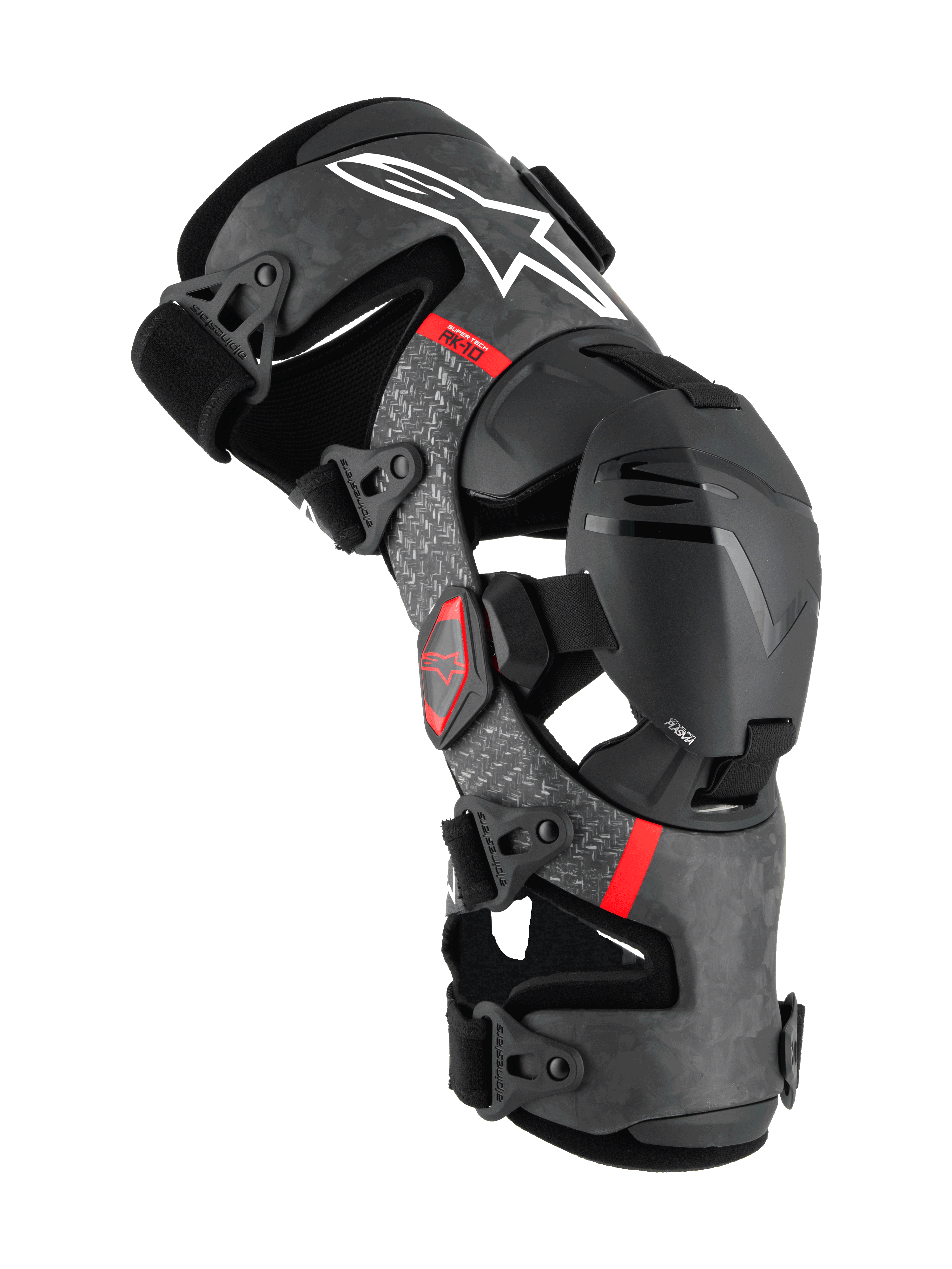 Alpinestars Supertech RK-10 Plasma Knee Brace, protezione da motocross, nera con telaio in fibra di carbonio forgiata e accenti grigi, loghi rossi, sistema di supporto articolato con cinghie regolabili, protezione premium per il fuoristrada