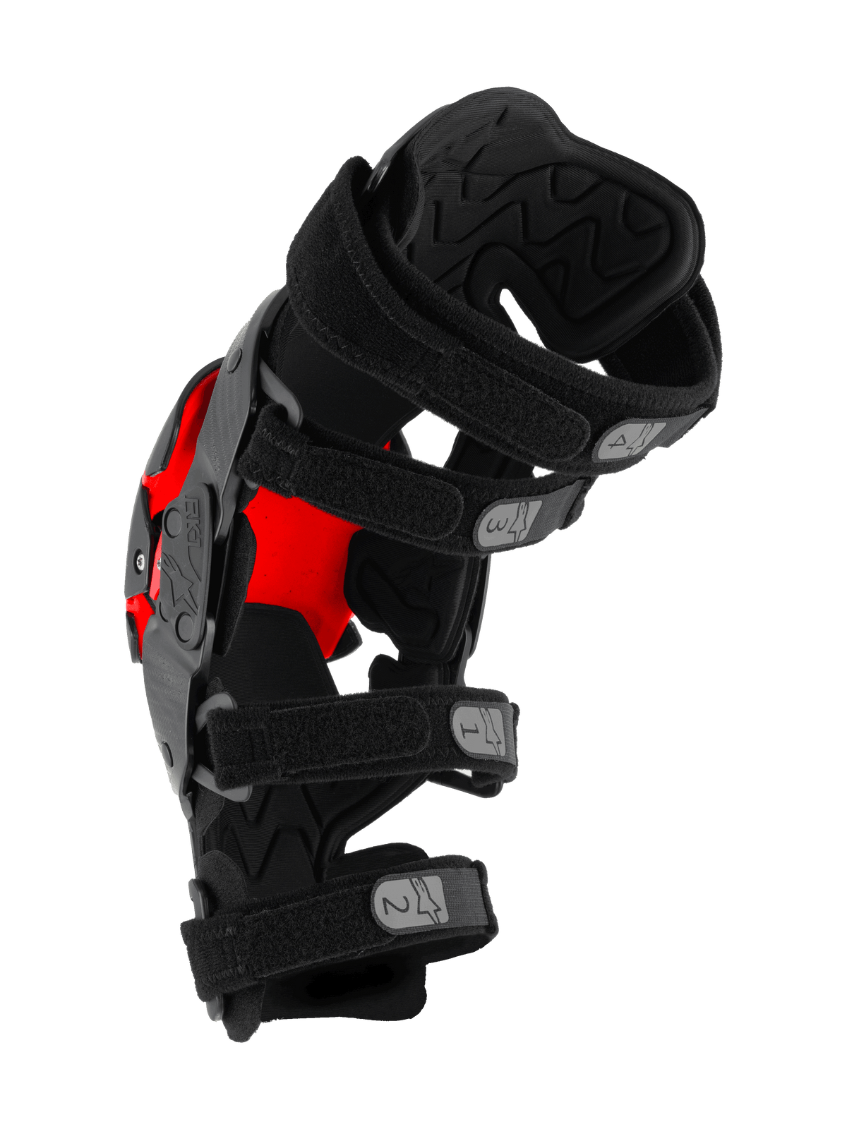 Alpinestars RK-1 Plasma Knee Brace, protezione per ginocchio da motocross, nero e rosso, vista laterale con quattro cinghie regolabili numerate e imbottitura interna testurizzata, attrezzatura tecnica protettiva per gare off-road