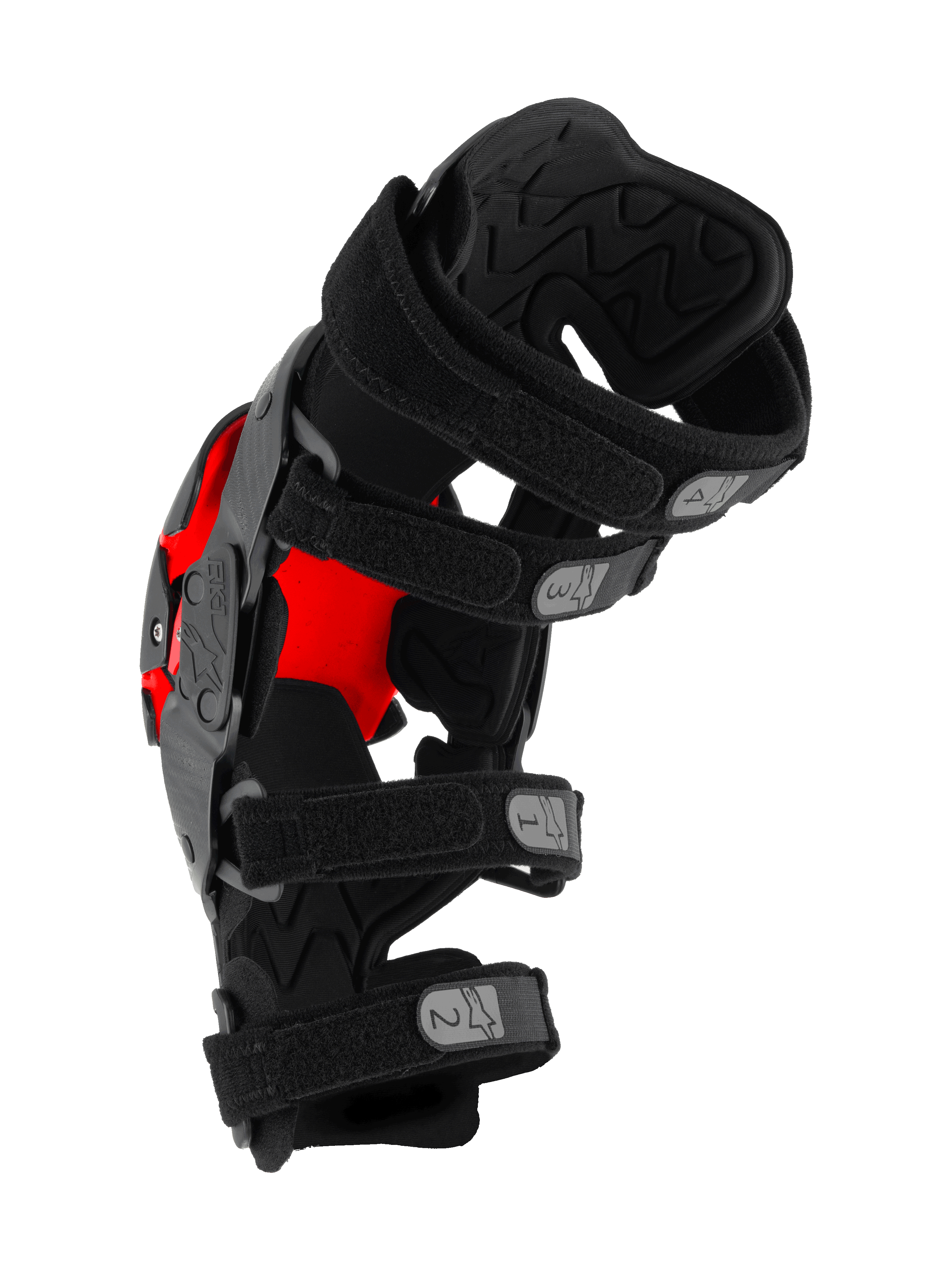 Alpinestars RK-1 Plasma Knee Brace, protezione per ginocchio da motocross, nero e rosso, vista laterale con quattro cinghie regolabili numerate e imbottitura interna testurizzata, attrezzatura tecnica protettiva per gare off-road
