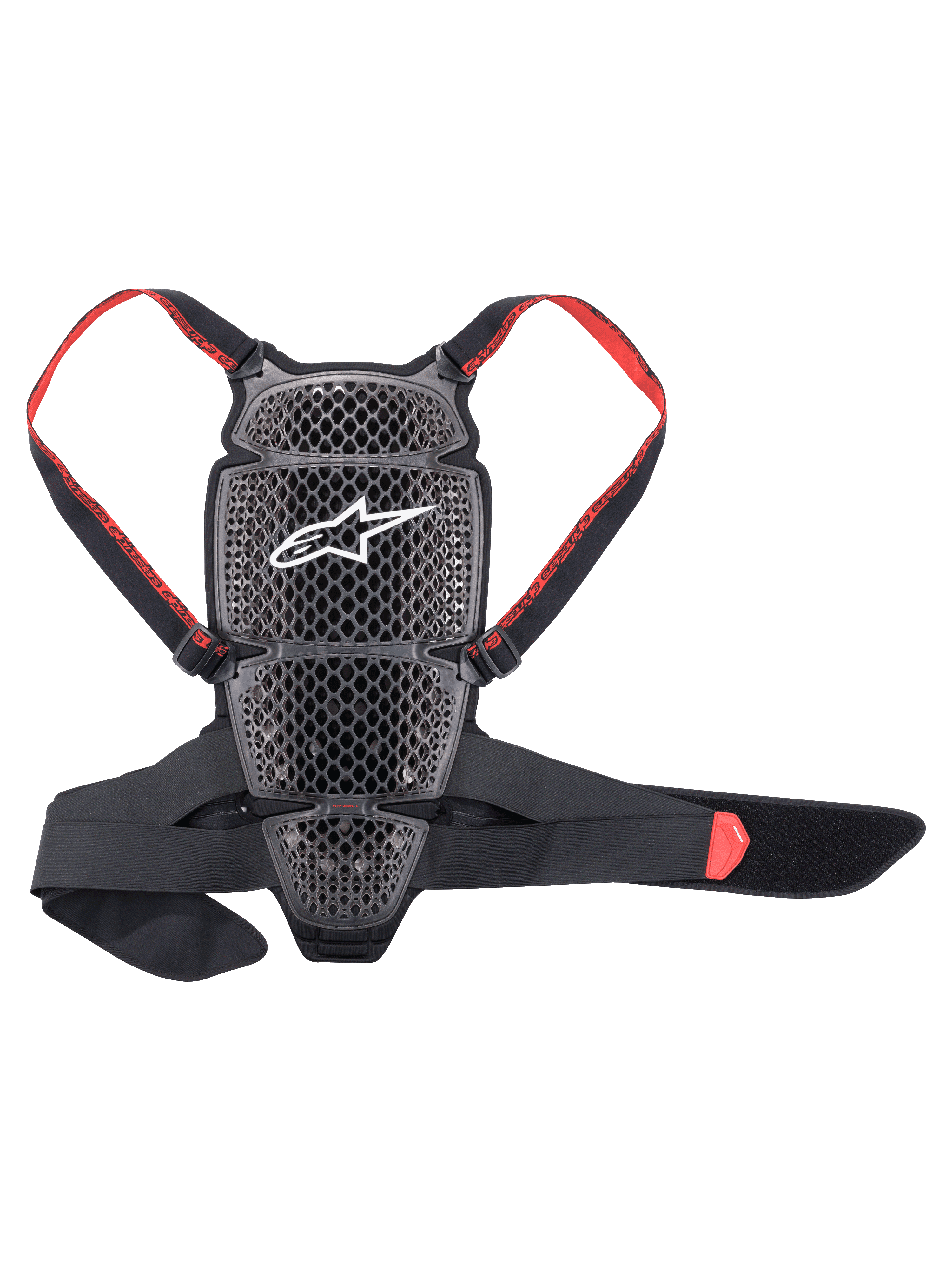 Alpinestars Nucleon KR-Cell Protector, paraschiena da moto, Smoke Black e rosso, caratterizzato da una griglia a nido d'ape traforata con logo Alpinestars bianco, cinghie rosse regolabili con logo e fascia lombare nera, design ergonomico ventilato