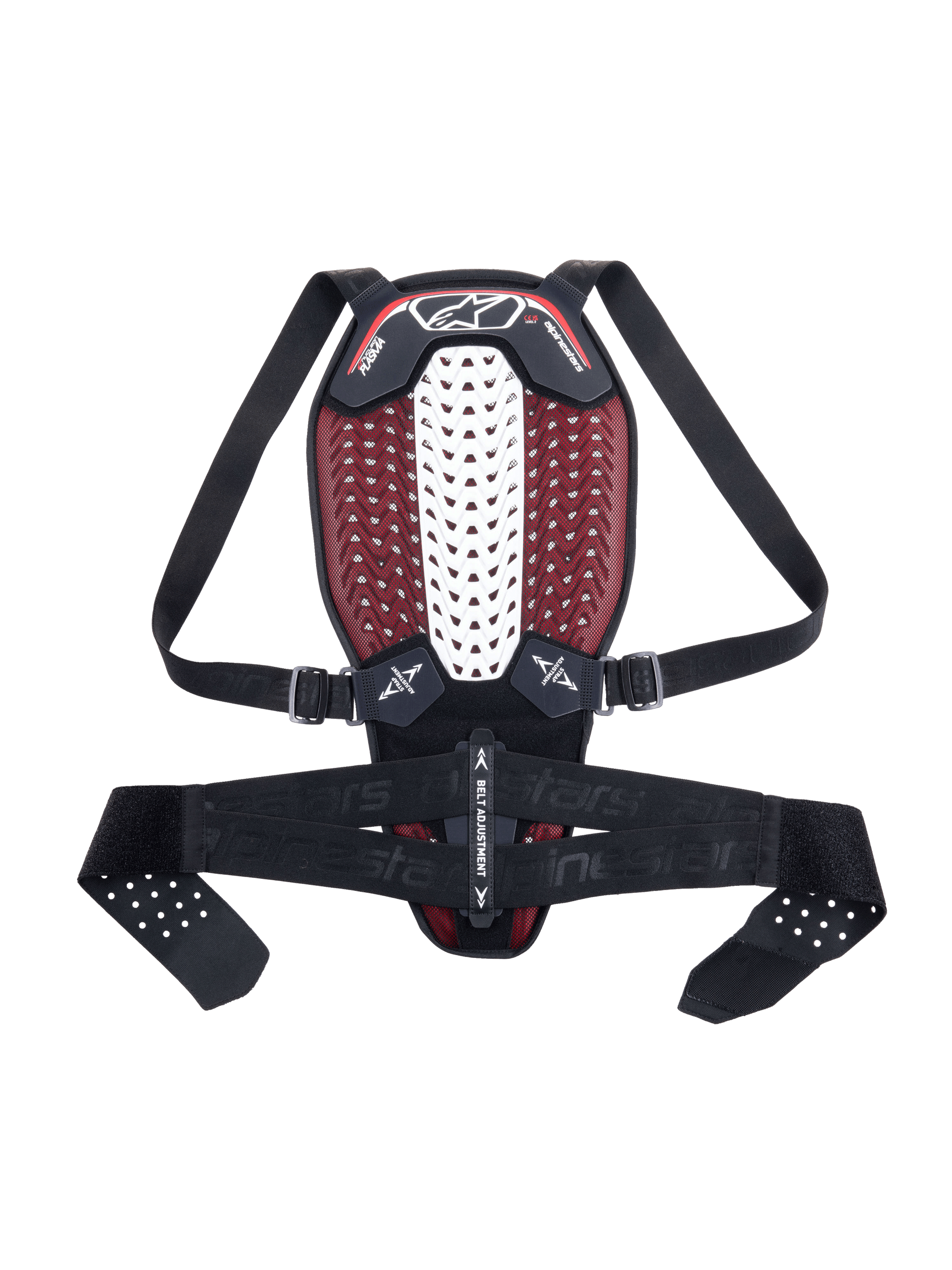 Paraschiena Alpinestars Nucleon Plasma, paraschiena da moto, nero, bianco e rosso, con zona spinale centrale ventilata bianca e interno in mesh rosso, spallacci neri regolabili e fascia in vita, design ergonomico leggero per la protezione dagli impatti