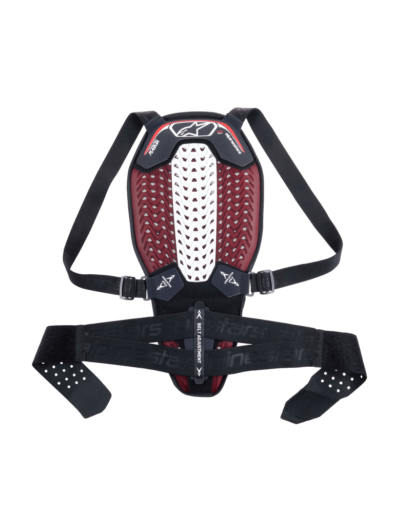 Paraschiena Alpinestars Nucleon Plasma, paraschiena da moto, nero, bianco e rosso, con zona spinale centrale ventilata bianca e interno in mesh rosso, spallacci neri regolabili e fascia in vita, design ergonomico leggero per la protezione dagli impatti