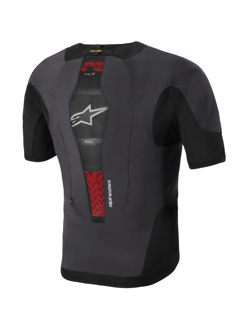 Alpinestars Tech-Air® 5 Plasma System, gilet airbag da moto, vista posteriore, nero e grigio scuro, con paraschiena PLASMA integrato visibile attraverso la rete centrale con dettagli rossi, logo a stella bianco, design sottile e traspirante da indossare sotto la giacca