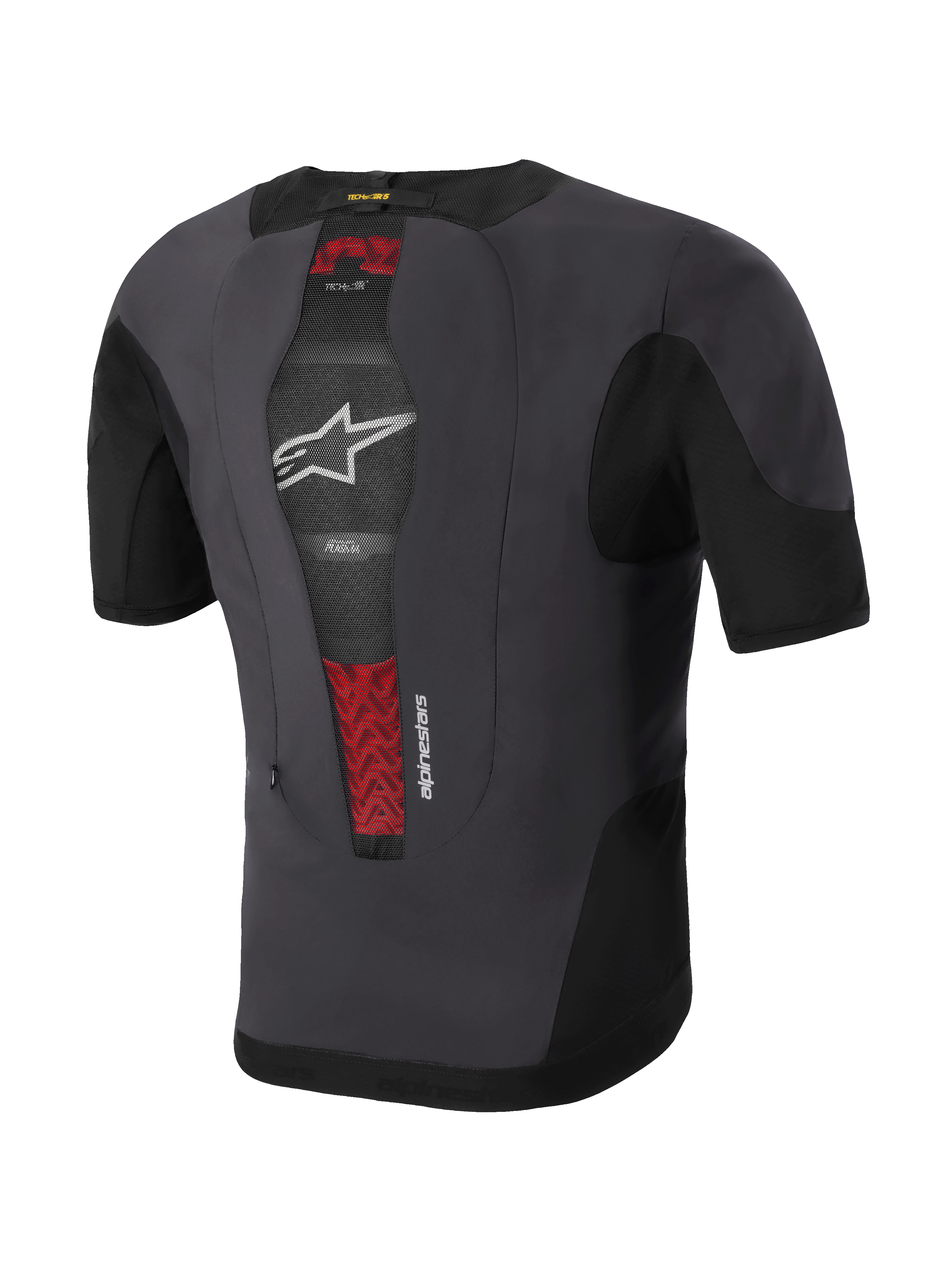 Alpinestars Tech-Air® 5 Plasma System, gilet airbag da moto, vista posteriore, nero e grigio scuro, con paraschiena PLASMA integrato visibile attraverso la rete centrale con dettagli rossi, logo a stella bianco, design sottile e traspirante da indossare sotto la giacca
