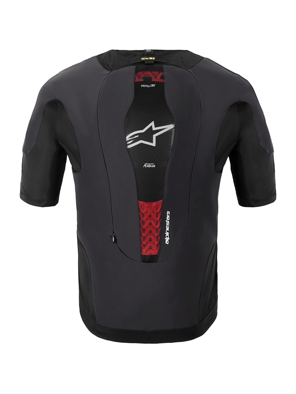 Alpinestars Tech-Air® 5 Plasma System, sistema airbag da moto, vista posteriore, nero, con pannello centrale in mesh, logo a stella bianco e accenti rossi del paraschiena PLASMA interno, design slim-fit a maniche corte per protezione sotto la giacca